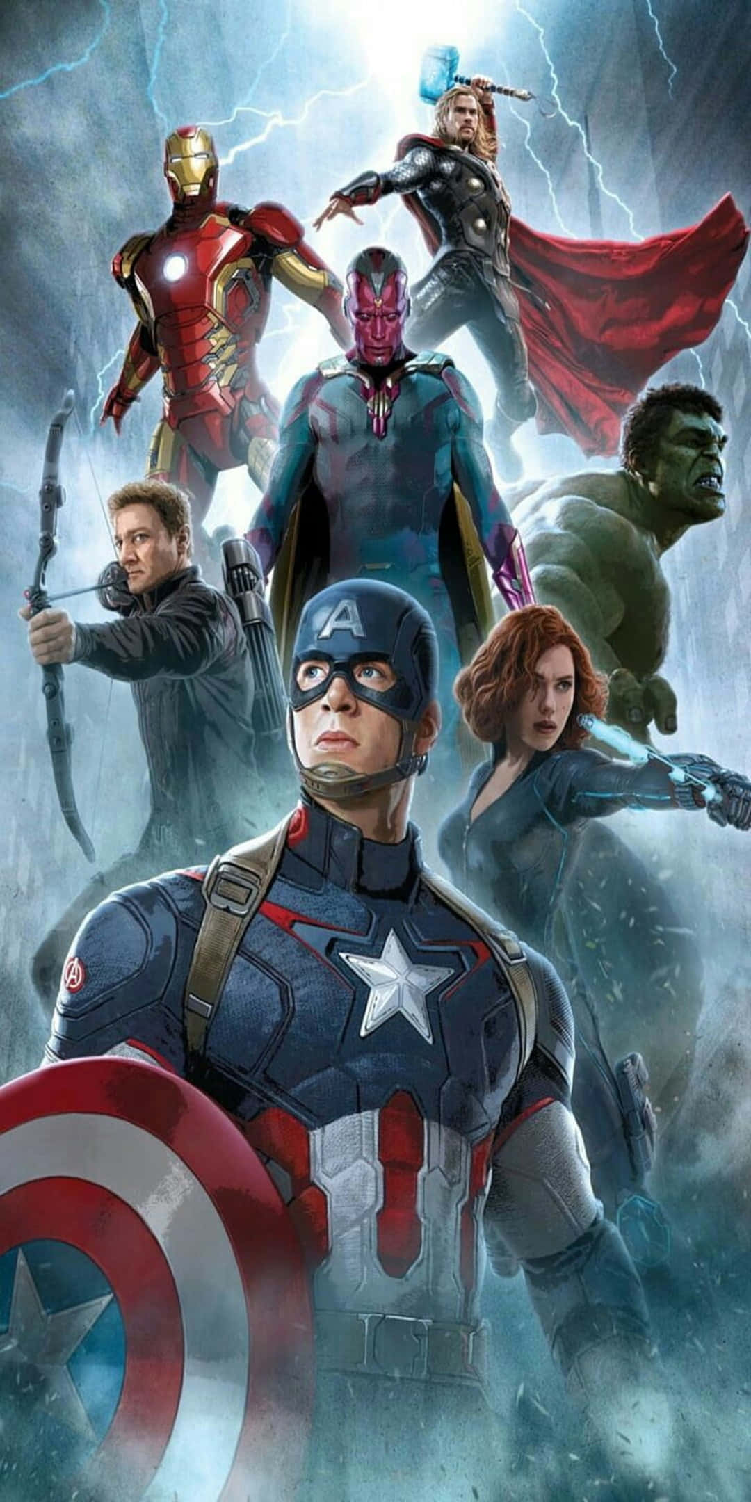 像素3《復仇者聯盟：奧創紀元》背景 壁紙 — 復仇者聯盟在暴風雨戰場集結，美國隊長手持盾牌站在最前方。