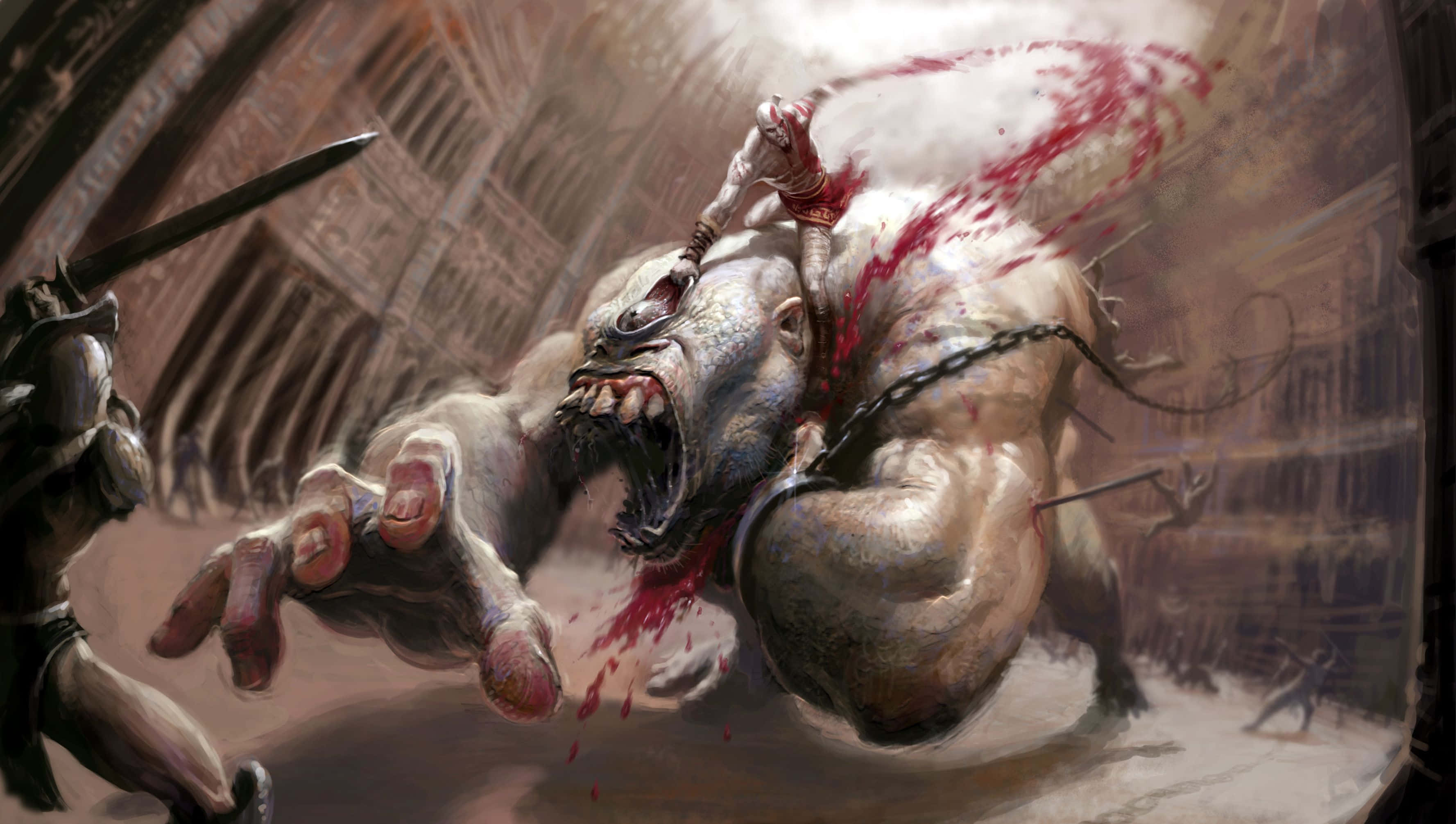「一場壯麗冒險——見證《戰神3》的神力」 壁紙 — 一名戰士在一個粗糙、 crumbling 的城市競技場中，向一隻沾滿鮮血的怪物猛砍。