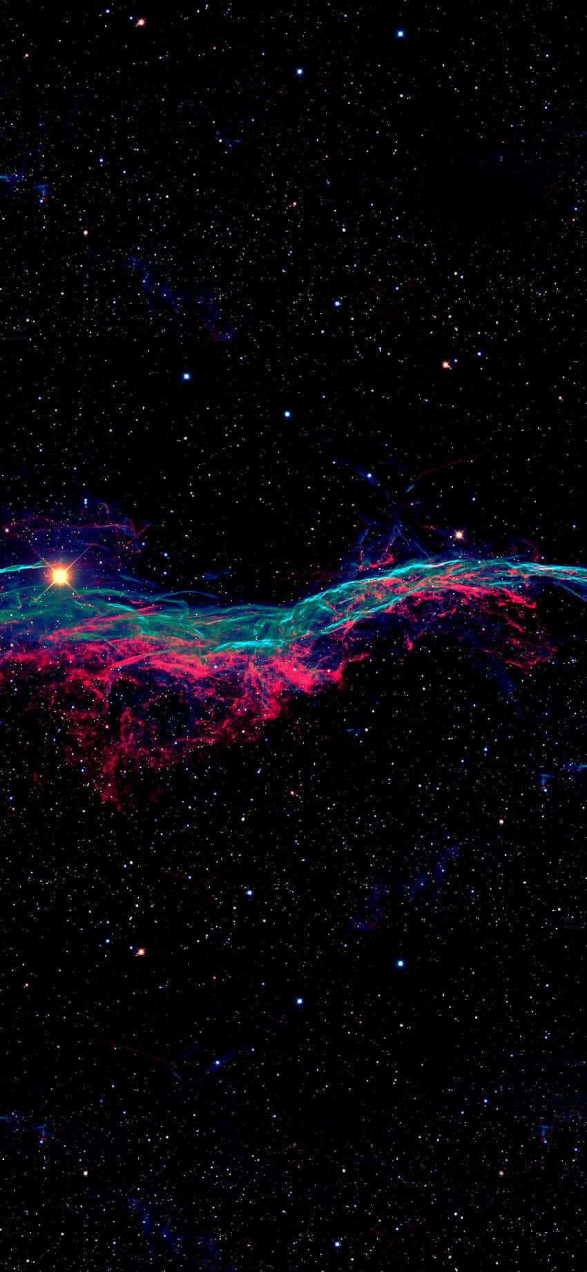 色彩繽紛星雲像素3 OLED背景 壁紙 — 一個充滿活力的宇宙星雲，帶有發光的粉紅色和藍綠色觸手，橫跨佈滿星星的黑色虛空。