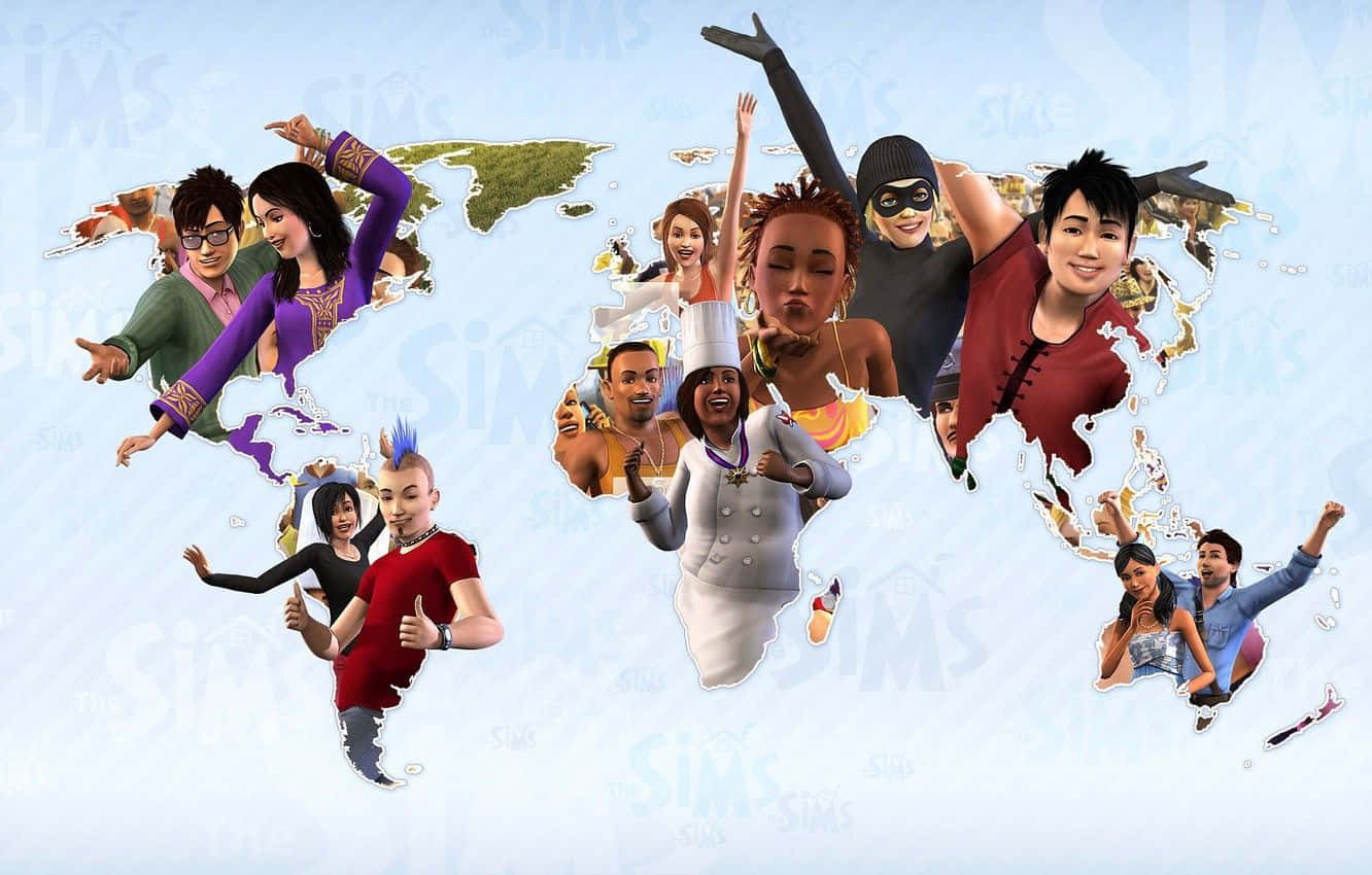 《模擬人生3》世界地圖 壁紙 — 多種動畫 Sims 角色愉快地從世界地圖上跳躍，背景為淺藍色。