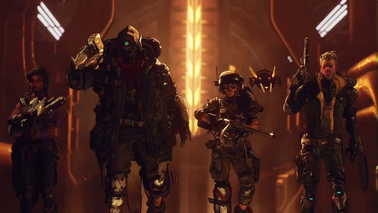 《邊境之地3》 Vault Hunters 持槍行進背景（720p） 壁紙 — 四名身穿裝甲、手持發光武器的士兵，站在一個昏暗、充滿未來感的橙色光線走廊中。