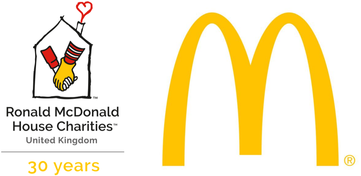 麥當勞慈善30週年慶祝 壁紙 — 一個分割圖像，顯示Ronald McDonald House Charities UK標誌，旁邊有握手和心形圖案，以及麥當勞標誌性的金色拱門。