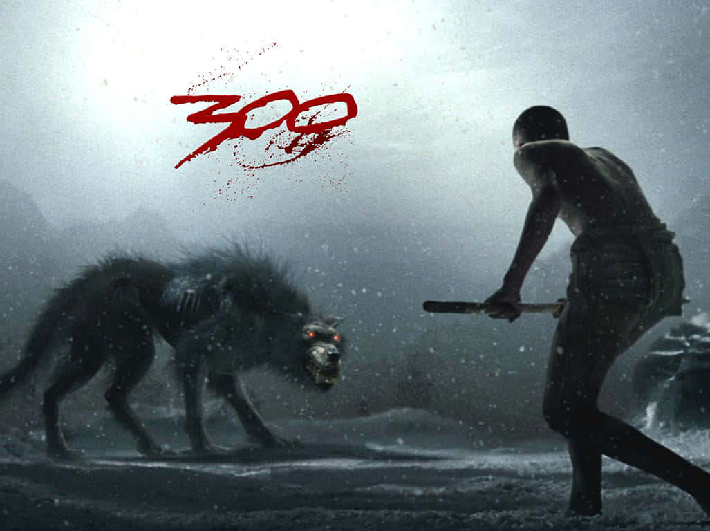 《300勇士》電影海報配狂怒狼 壁紙 — 一名戰士在風雪戰場上，在暴風雨的天空下，面對一頭怪獸般的狼，上方有紅色「300」標誌。