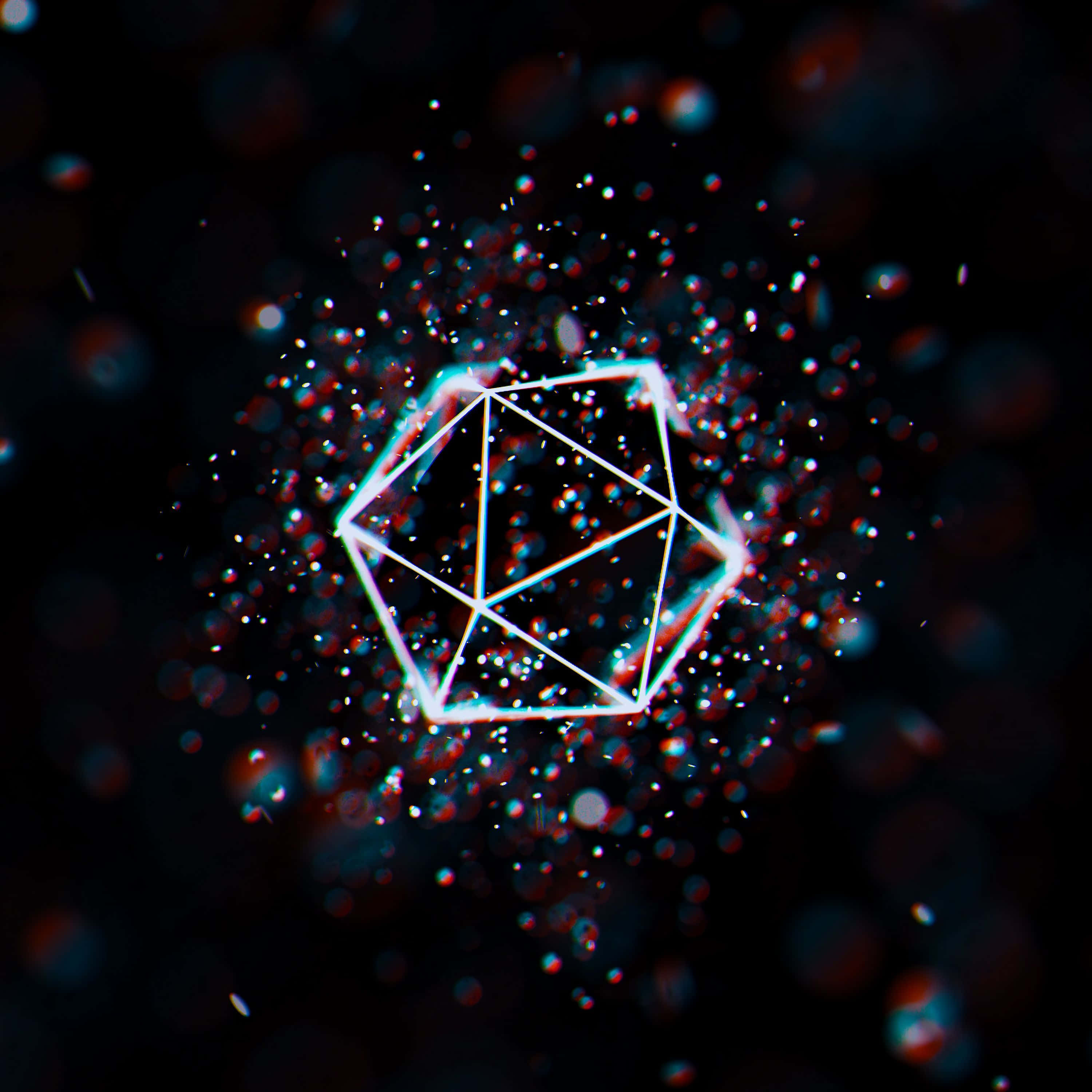 3000x3000神聖幾何圖案 壁紙 — 一個發光的幾何多面體在黑暗虛空中，於色彩繽紛的粒子宇宙場中脈動著霓虹光芒。