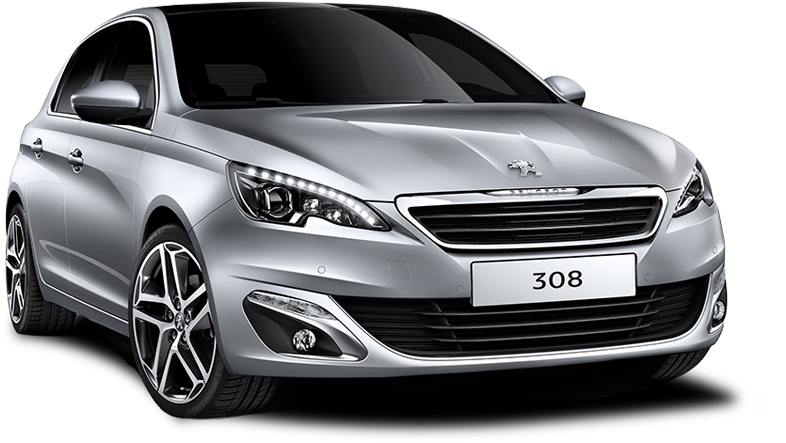 銀色標致308掀背車 壁紙 — 一輛時尚的銀色Peugeot 308房車在工作室燈光下，帶有銳利反射和現代頭燈。