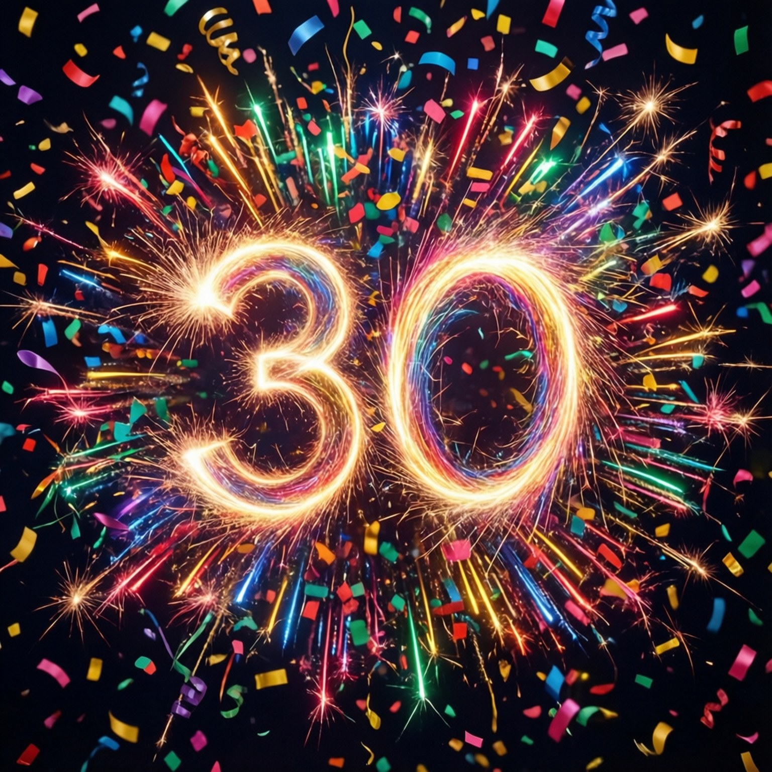30歲慶祝彩紙爆炸 壁紙 — 數字30在漆黑的夜空中閃耀著火花，周圍環繞著繽紛的紙屑。