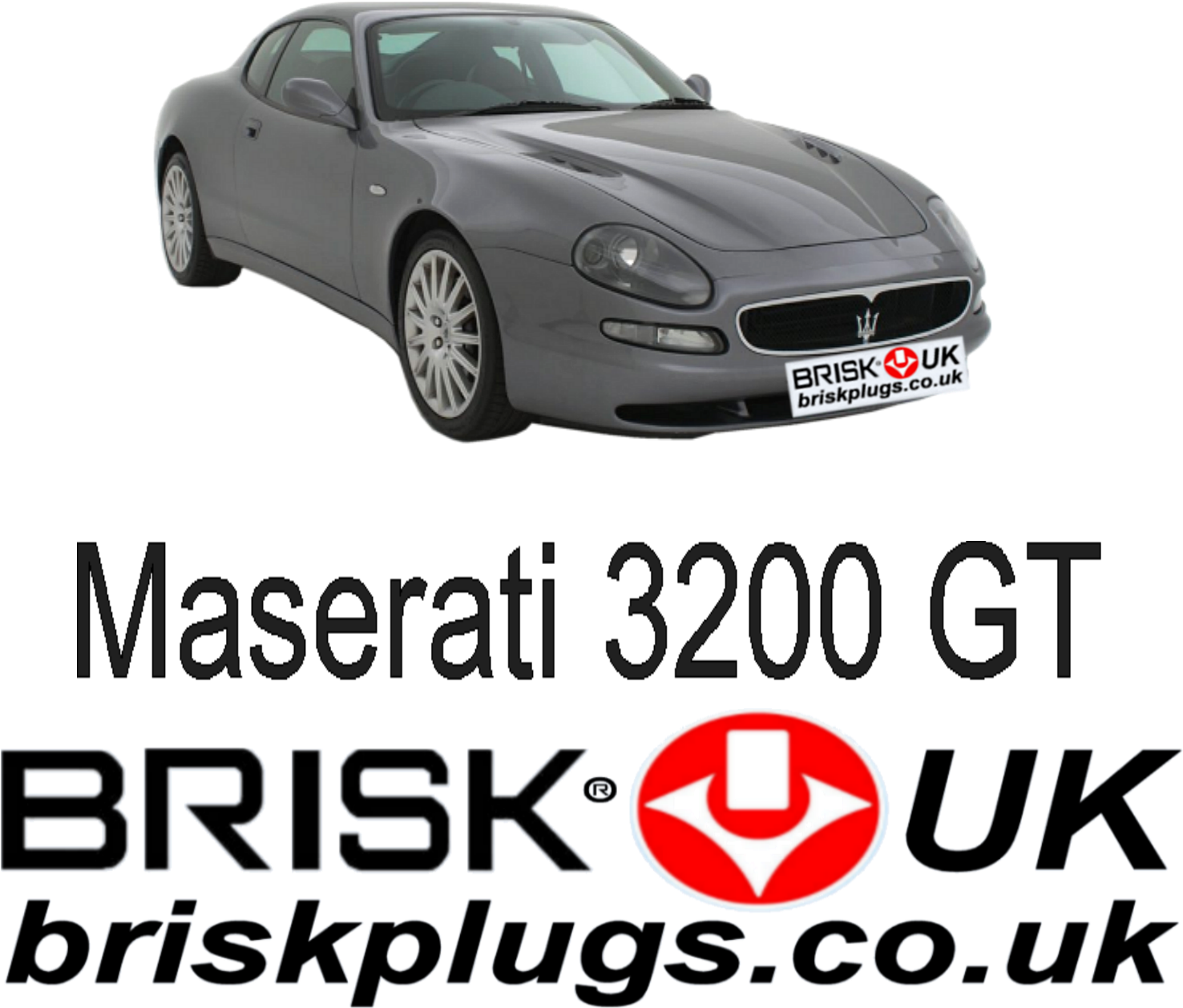 瑪莎拉蒂3200 GT Brisk UK推廣 壁紙 — 一輛時尚的銀色Maserati 3200 GT跑車，在黑色背景上孤立，下方有品牌文字。