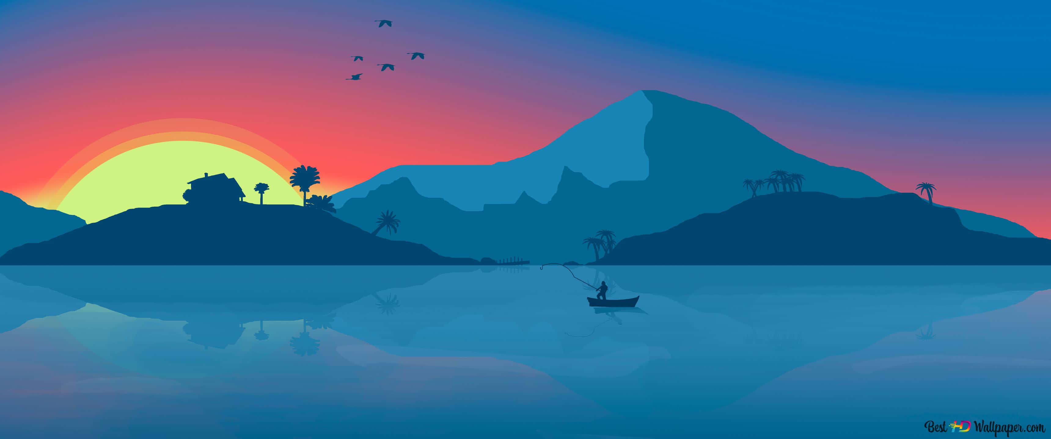 3440 x 1440 簡約迷人壁紙 壁紙 — 一位孤獨的漁夫在船上，於日落時分在平靜的湖面上拋線，漸變的天空下是山脈和棕櫚樹的剪影。