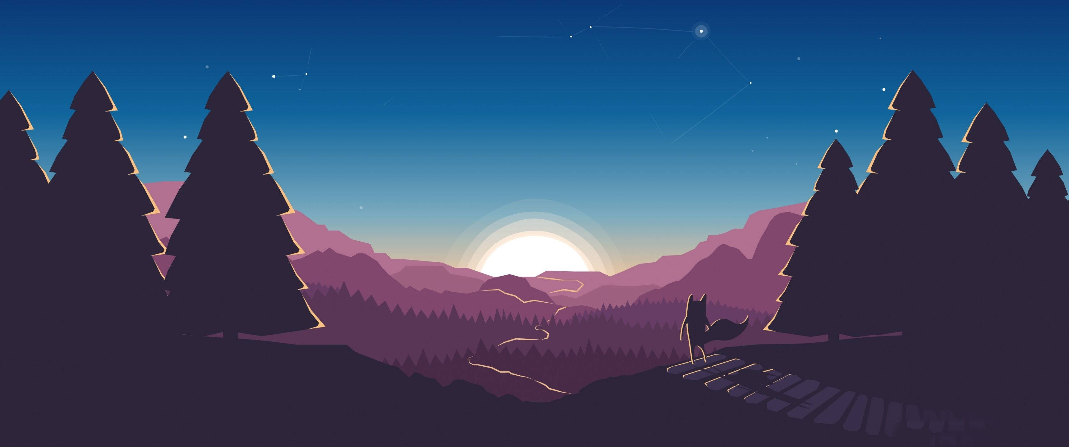 3440x1440 簡約風格山谷日出 壁紙 — 一隻孤獨的狼站在木橋上，俯瞰著星空下暮色中的紫色山谷。