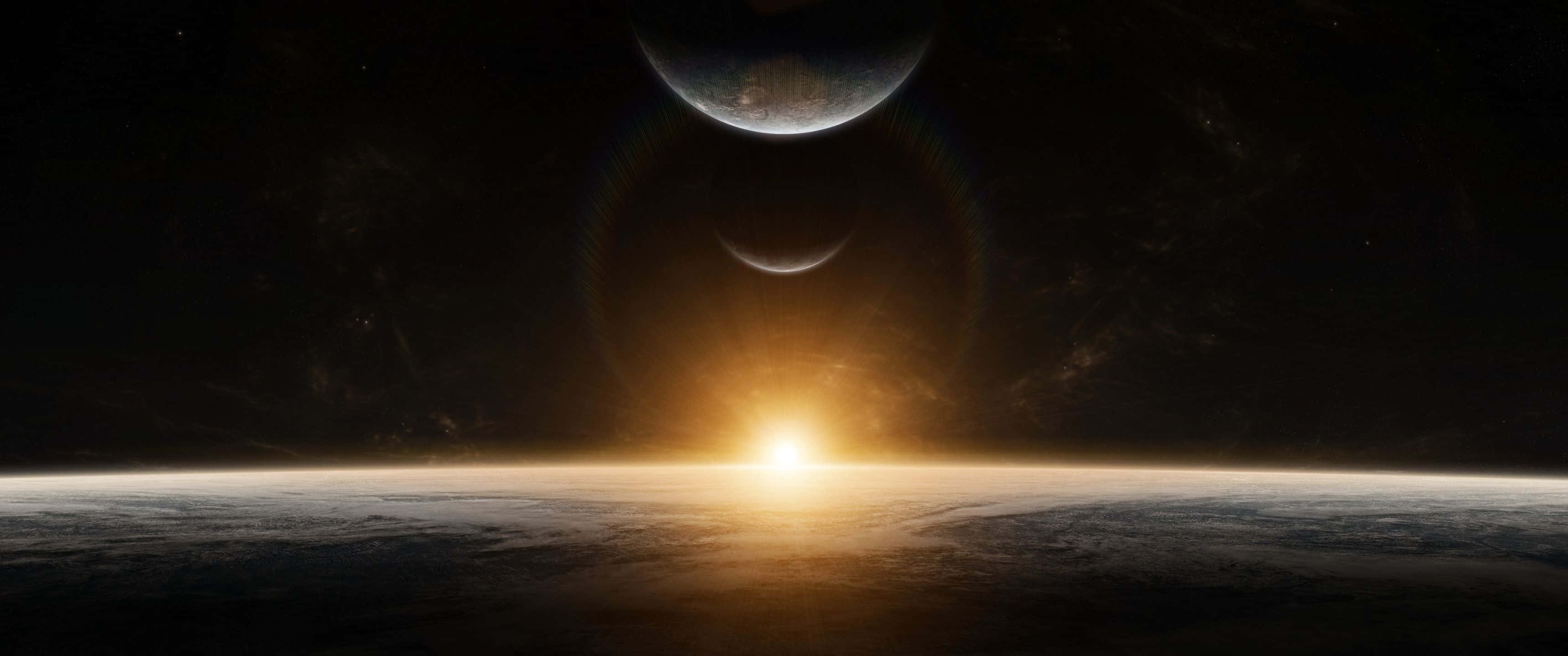 最佳 3440x1440 高清日出 壁紙 — 一個令人嘆為觀止的景色，在外星行星上日出，兩個月亮在星空下投射出戲劇性的陰影。