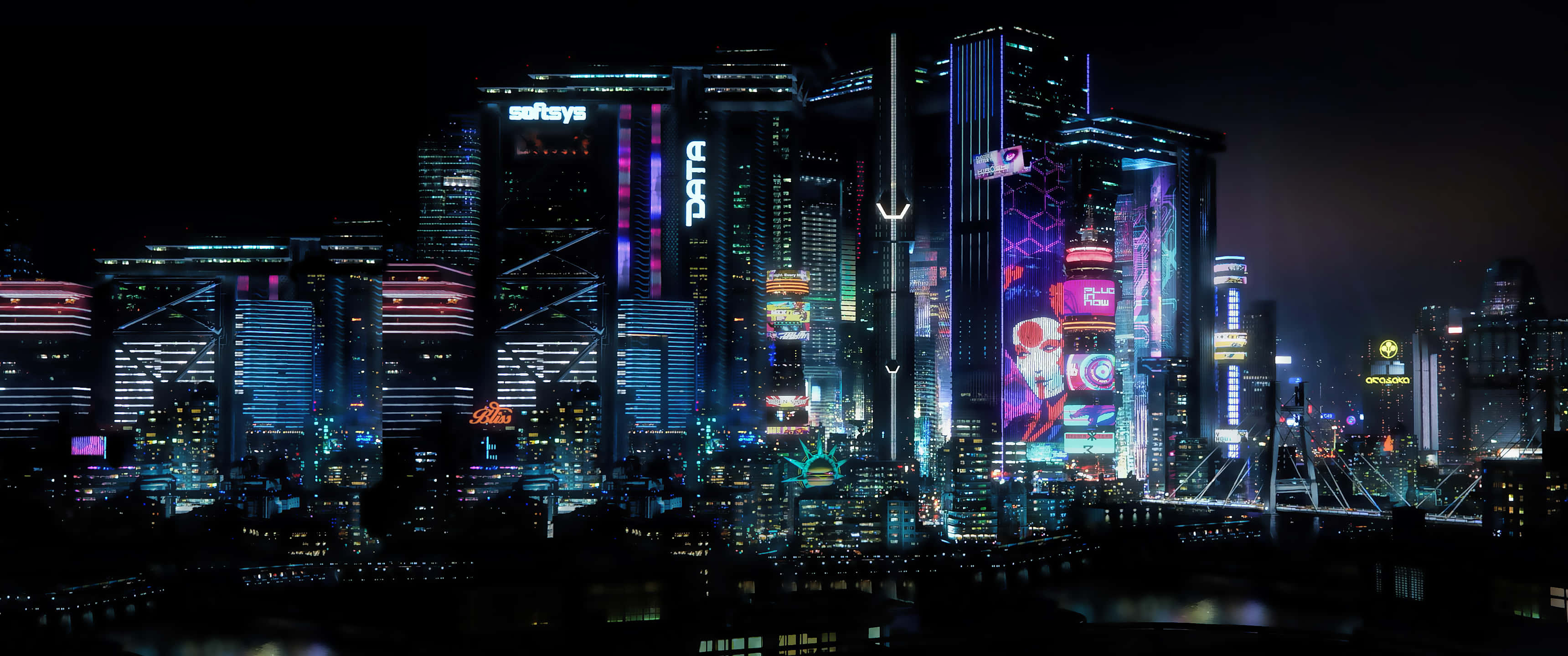 壯觀賽博龐克 3440x1440 壁紙 — 夜晚閃爍的霓虹燈城市景觀，高聳的摩天大樓在黑暗的天空中閃耀著鮮豔的紫色、藍色和粉紅色。
