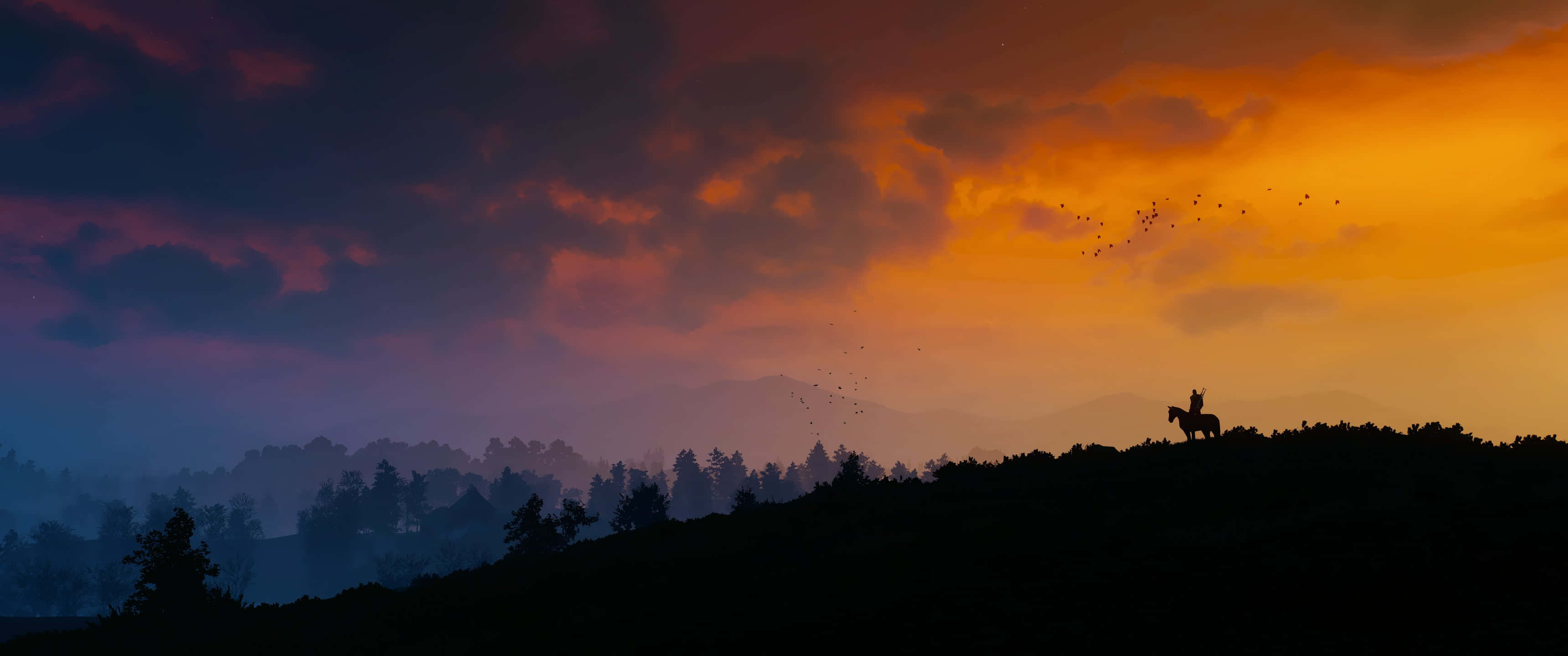 3440x1440《巫師》傑洛特夕陽山丘剪影 壁紙 — 一名孤獨的騎手騎在馬上，在山丘頂上形成剪影，背景是火紅的橙色和紫色日落天空，鳥兒在頭頂飛翔。