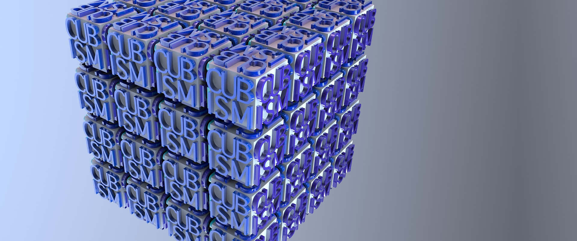 一個由藍色和銀色字母方塊組成的3D立方體，拼出cubism。