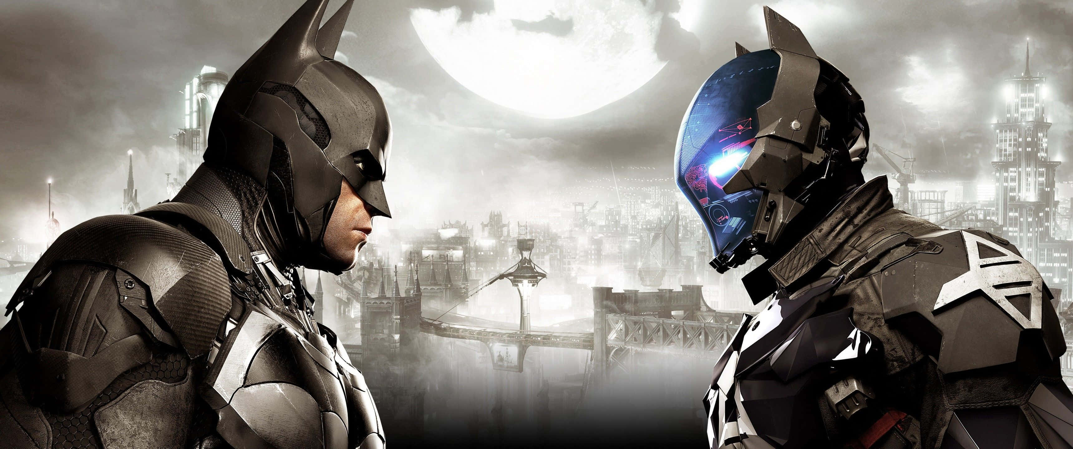 3440x1440 遊戲《Batman: Arkham Knight》 壁紙 — 兩個身穿裝甲的蝙蝠俠在滿月下，於霧氣瀰漫的高譚市天際線上對峙。