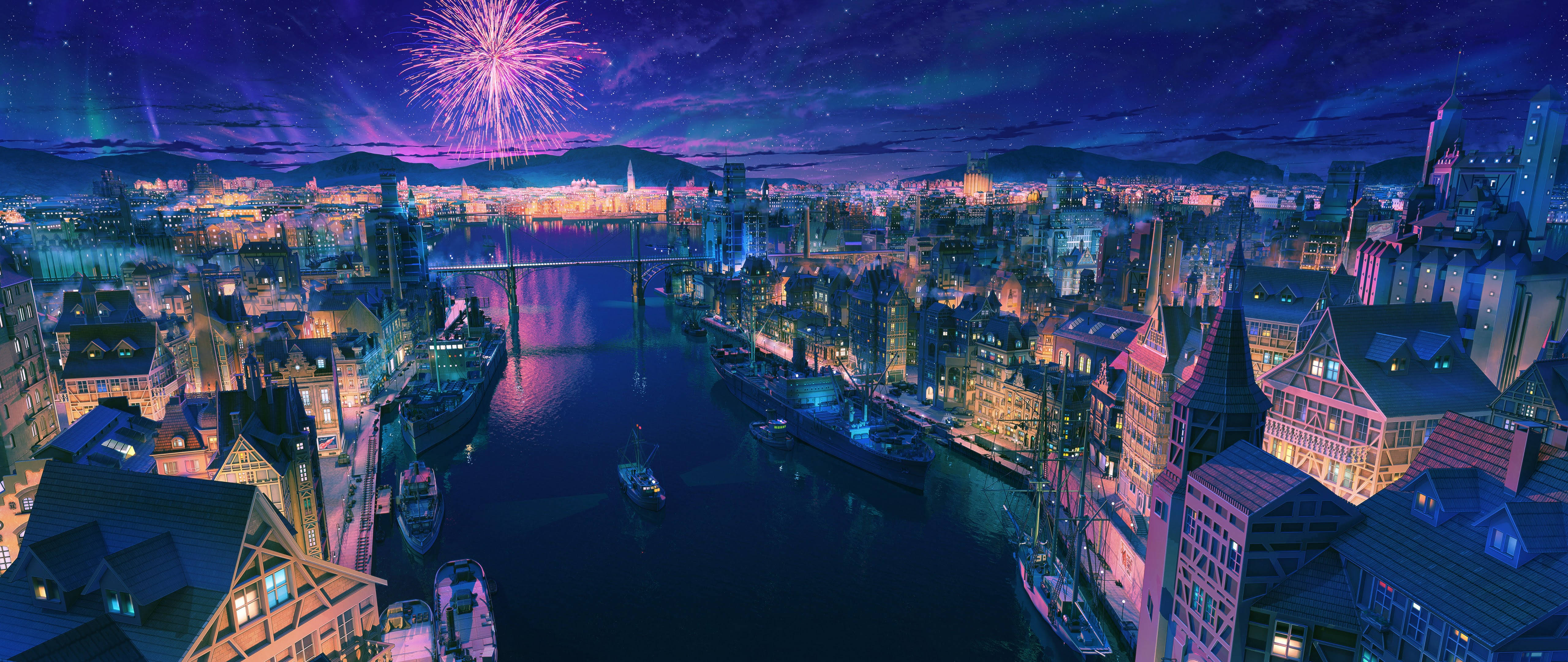 3440x1440 城市煙火 壁紙 — 充滿活力的動漫城市夜景，煙火在閃爍的港灣和星空上綻放。