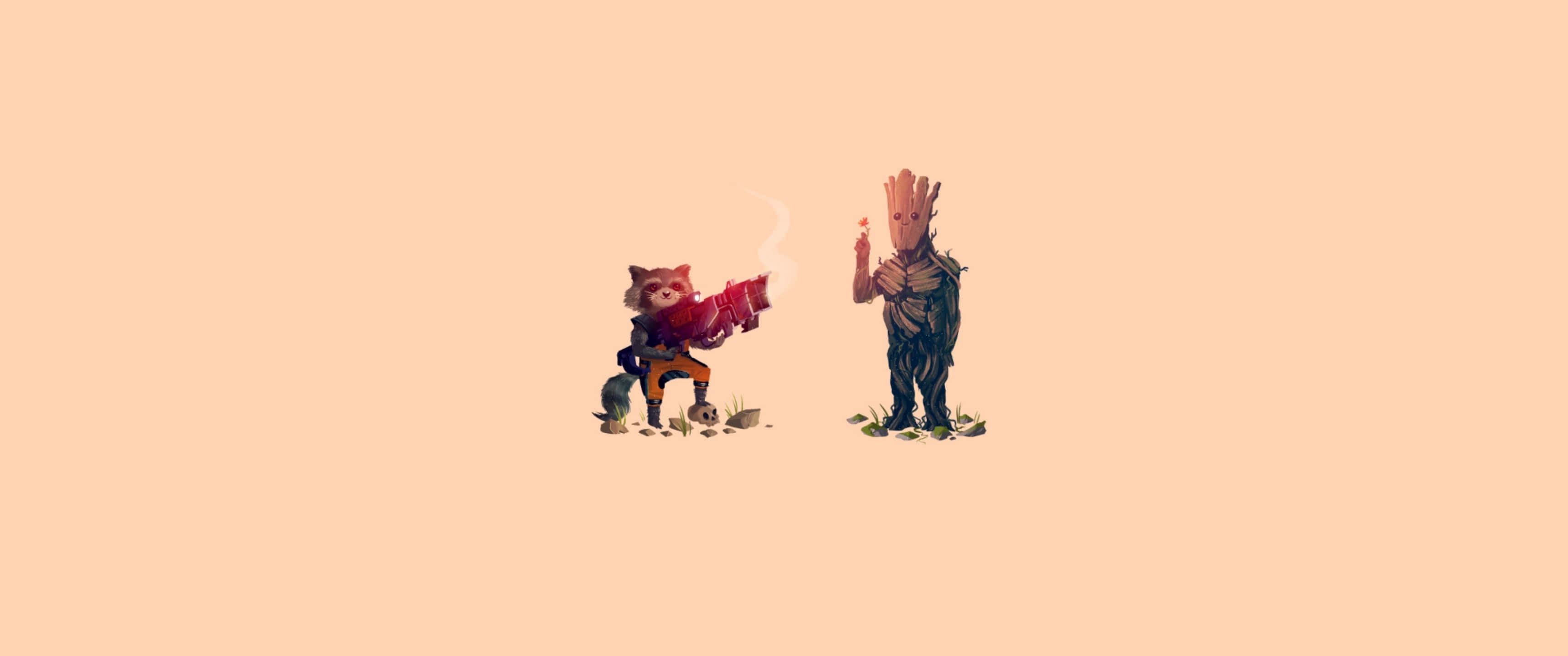 3440x1440 色彩抽象圖形極簡設計 壁紙 — Rocket Raccoon 和 Groot 並肩站在柔和的桃色背景前，兩人手持冒煙的雪茄。