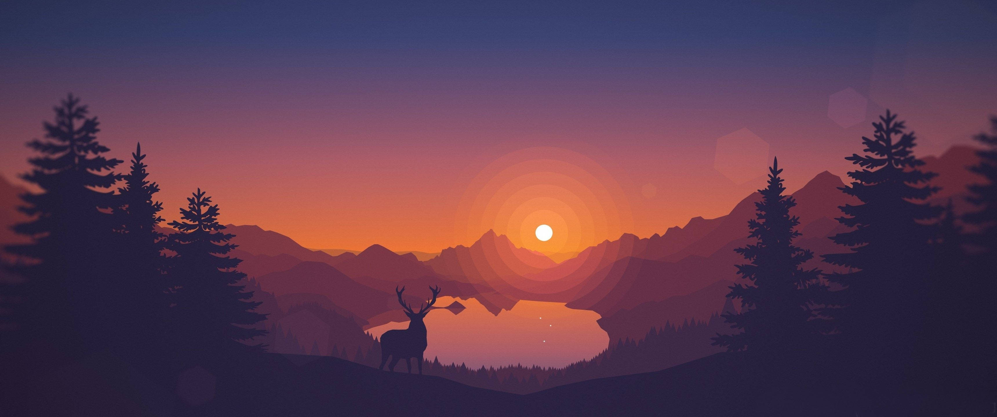 3440x1440 簡約風格夕陽山谷 壁紙 — 一隻鹿的寧靜剪影站在山間湖泊和松樹上方閃耀的日落前。