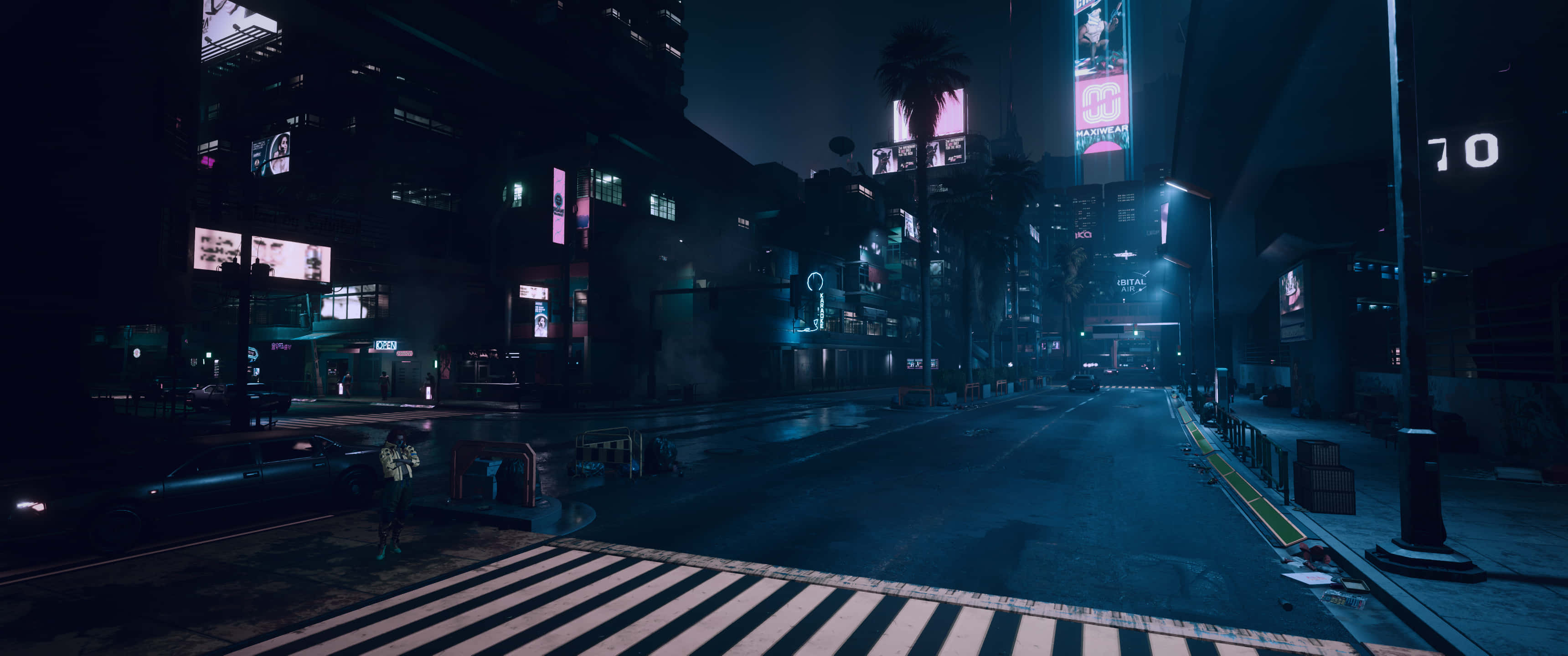 3440x1440 高清霓虹燈招牌 壁紙 — 一個孤獨的身影在夜晚走過霓虹燈照亮嘅城市街道，下方係發光嘅廣告牌同棕櫚樹。