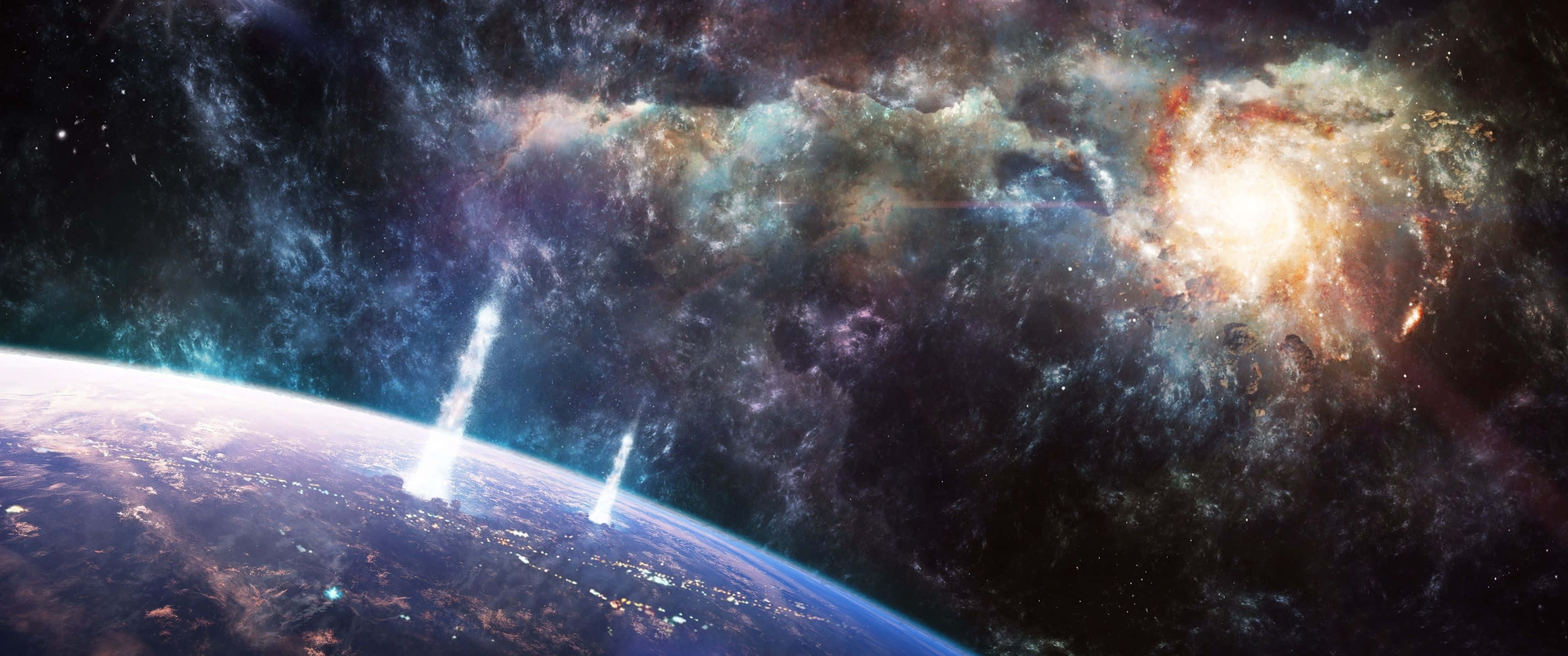 探索宇宙之美，3440x1440 太空壁紙 壁紙 — 從太空俯瞰地球的壯麗景色，生動的星雲和發光的宇宙雲在行星彎曲的地平線上方旋轉。