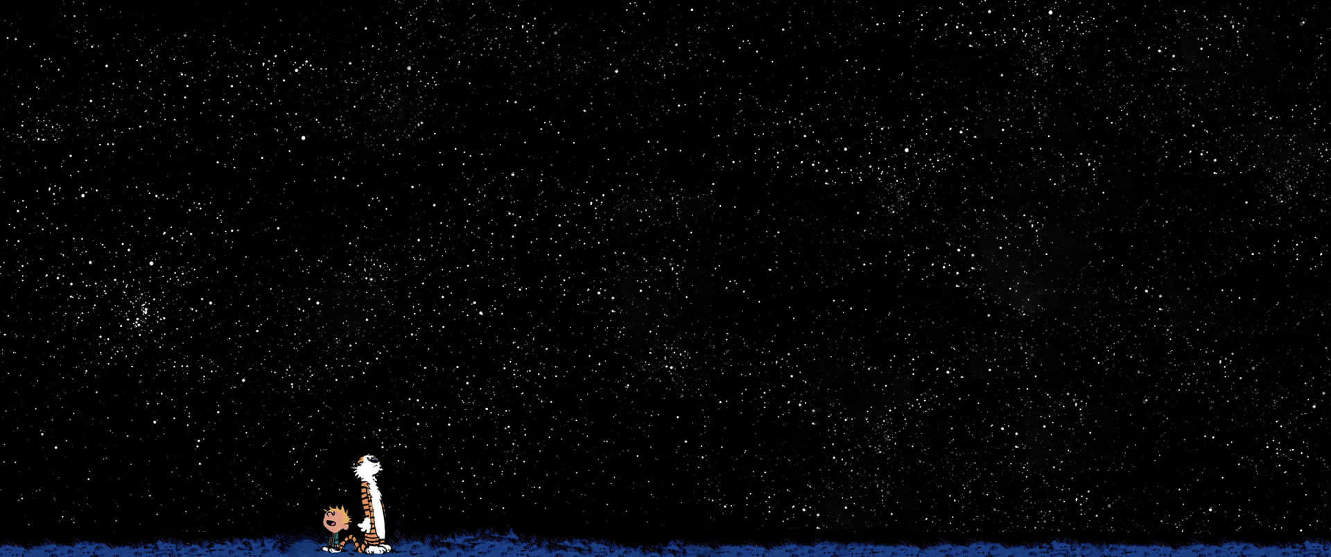 兩個卡通人物仰望滿是星星的夜空。 — 暗色 壁紙