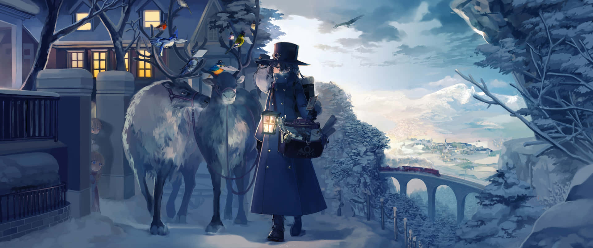 一位旅行者與馴鹿在黃昏時分提著燈籠走過白雪覆蓋的村莊。