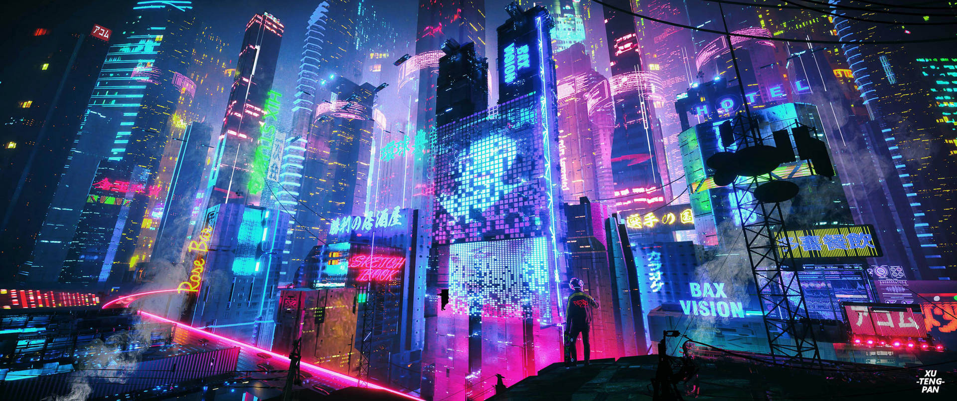 屋頂上的人凝視著夜晚發光的未來城市