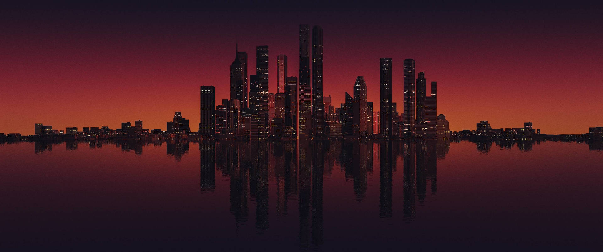 黃昏城市天際線，建築物倒映在水中，天空呈紅色