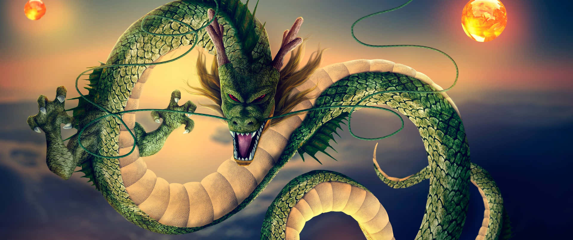 3440x1440 綠月下的龍 壁紙 — 一條雄偉的綠色巨龍在暮色天空中蜿蜒盤旋，附近漂浮著發光的球體。