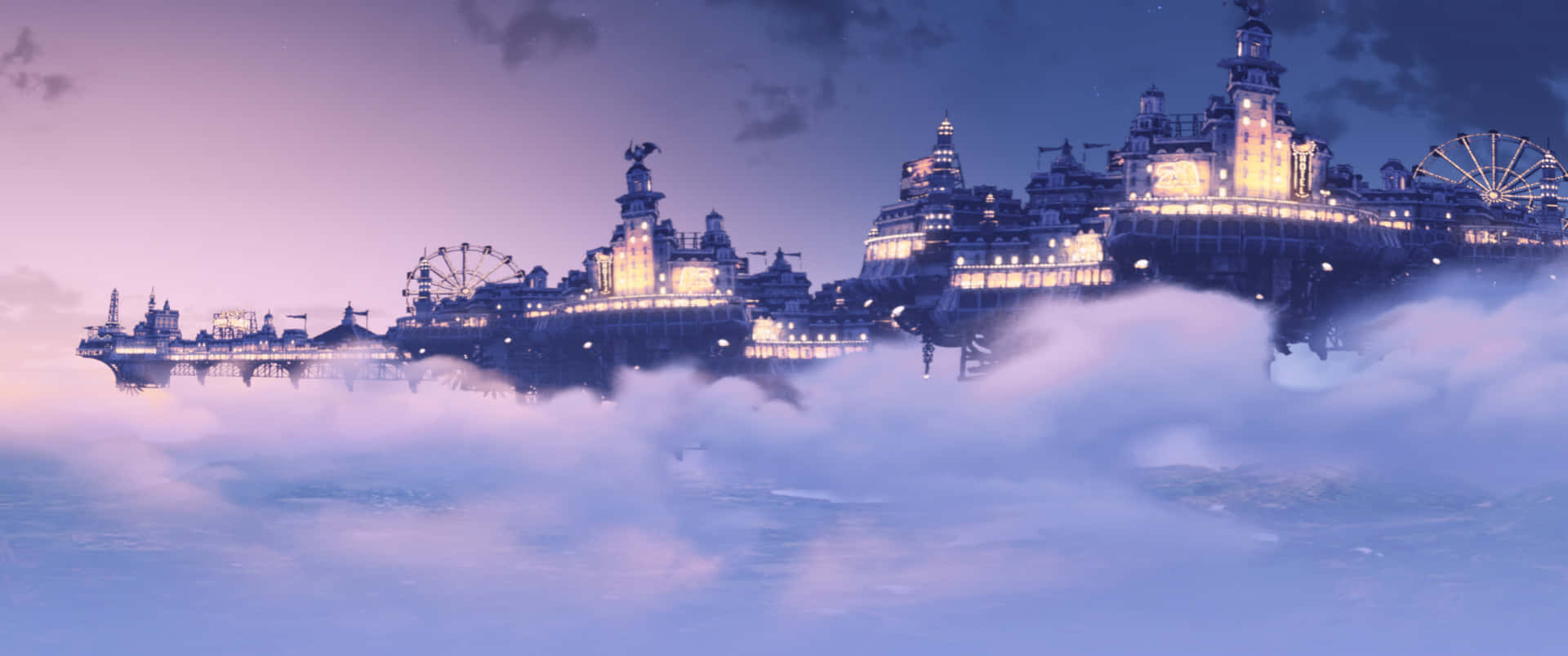 暮色中雲層上方發光的浮空城市