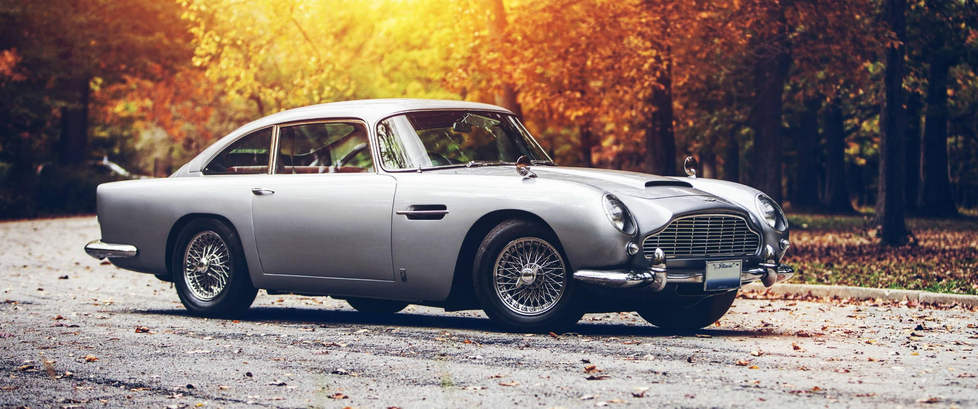 日落時分，秋日森林中的碎石路上停泊著銀色經典 Aston Martin DB5。
