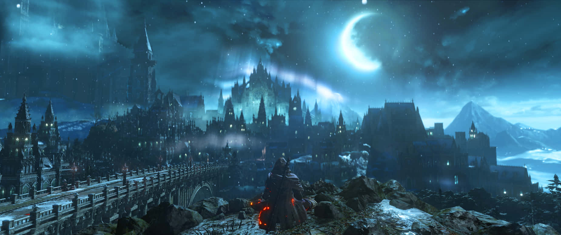 3440x1440 遊戲 Dark Souls 3 壁紙 — 一個孤獨的盔甲身影站在雪崖上，俯瞰著一座在發光的彎月下的哥德式城堡。