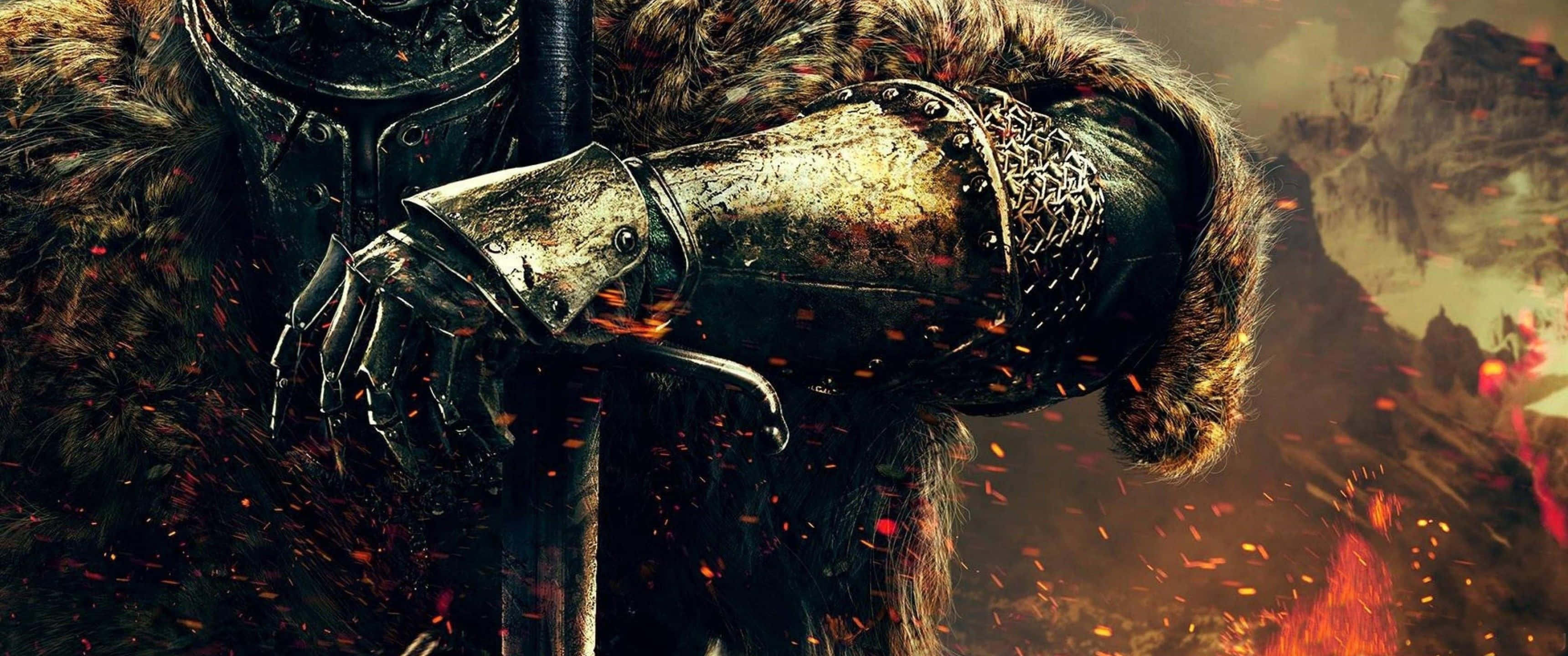 3440x1440 遊戲《Dark Souls》 壁紙 — 一名身穿華麗盔甲的騎士緊握著劍，熾熱的火星在他周圍爆炸，背景是煙霧瀰漫的戰場。