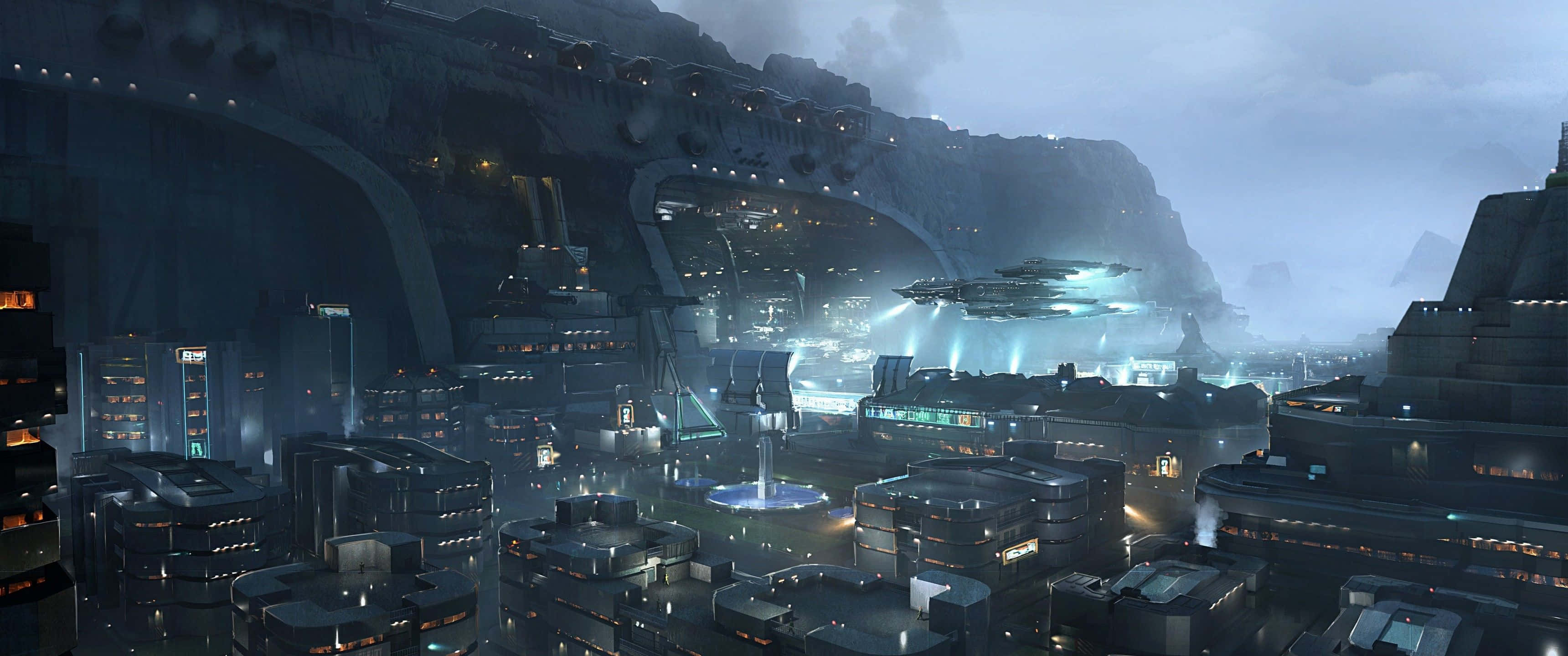 3440x1440 遊戲《Star Citizen》 壁紙 — 一座未來城市坐落在霧氣瀰漫的峽谷中，閃爍的燈光和飛船在陰雲密布的天空下。