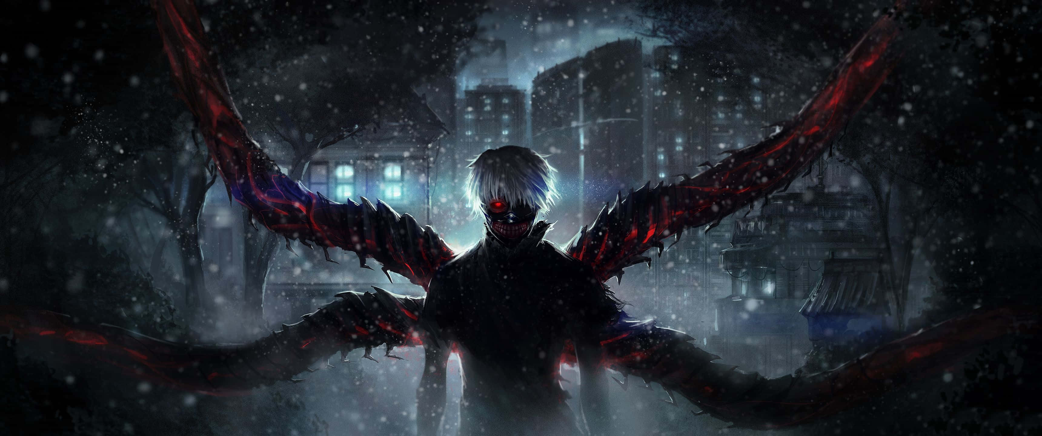 3440x1440 遊戲《東京喰種》海報 壁紙 — 一個帶有發光紅眼和鋸齒狀紅色翅膀的威脅性動漫角色，站在雪景都市夜景中。