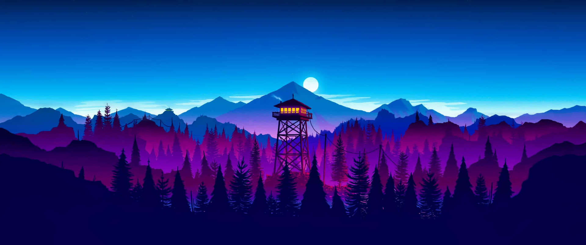 火警瞭望塔在滿月下，於紫色山林中夜間發光。