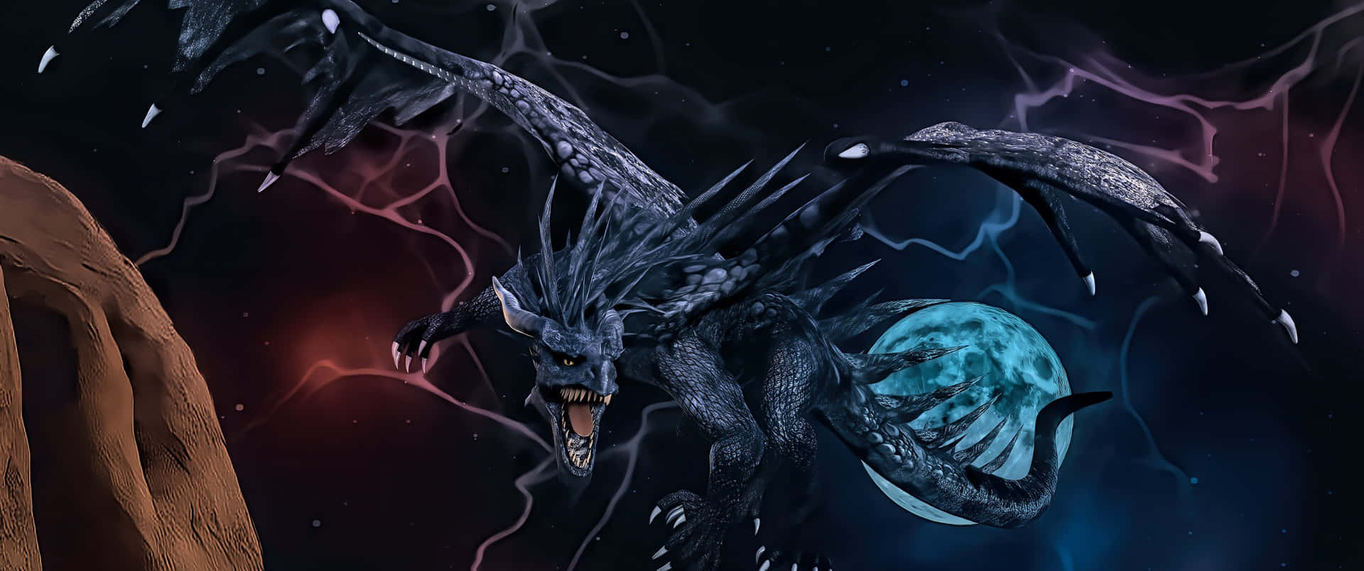 3440x1440 龍飛越藍月 壁紙 — 一隻帶有發光眼睛的威嚇性黑龍在宇宙風暴中翱翔，背後有閃電和發光的月亮。