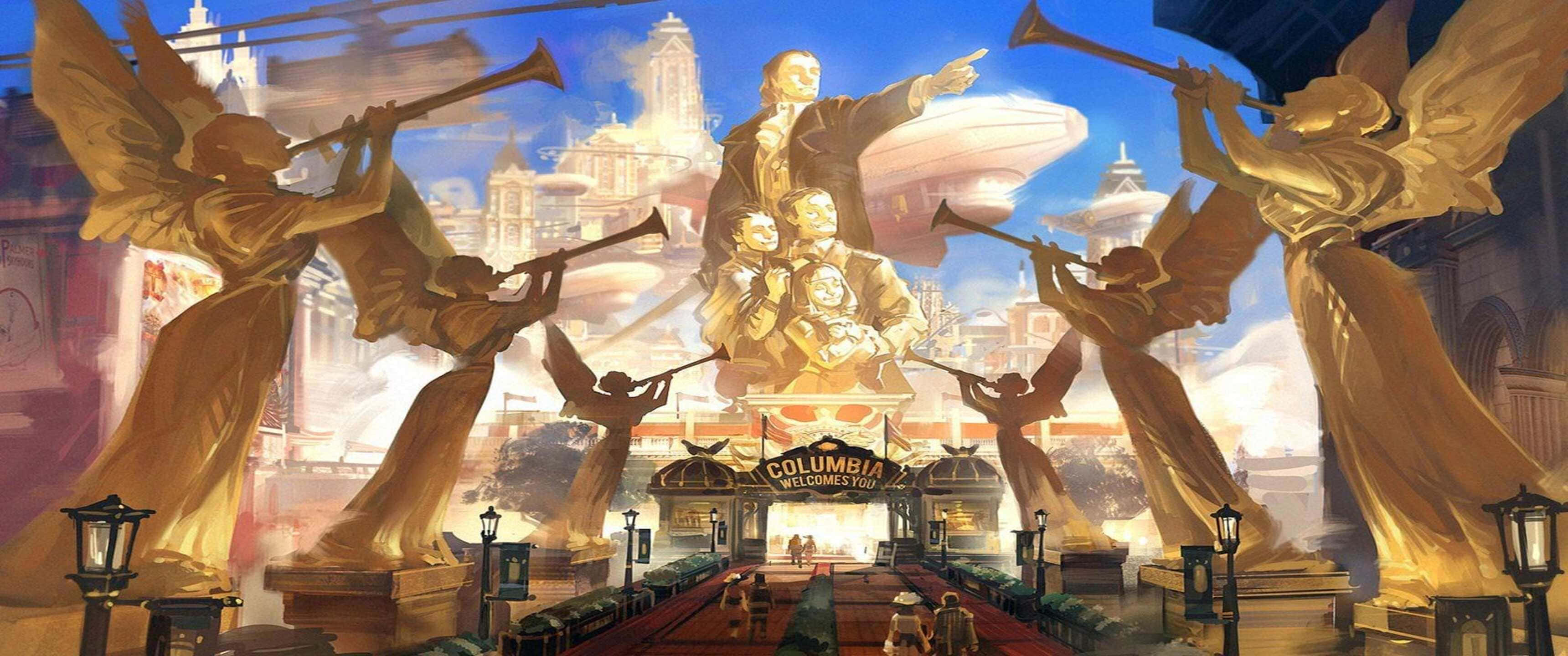 令人著迷的 3440x1440p Bioshock Infinite 背景 壁紙 — 金色天使雕像在宏偉的幻想城市入口吹奏小號，藍天下有一座高聳的男人和兒童雕像。