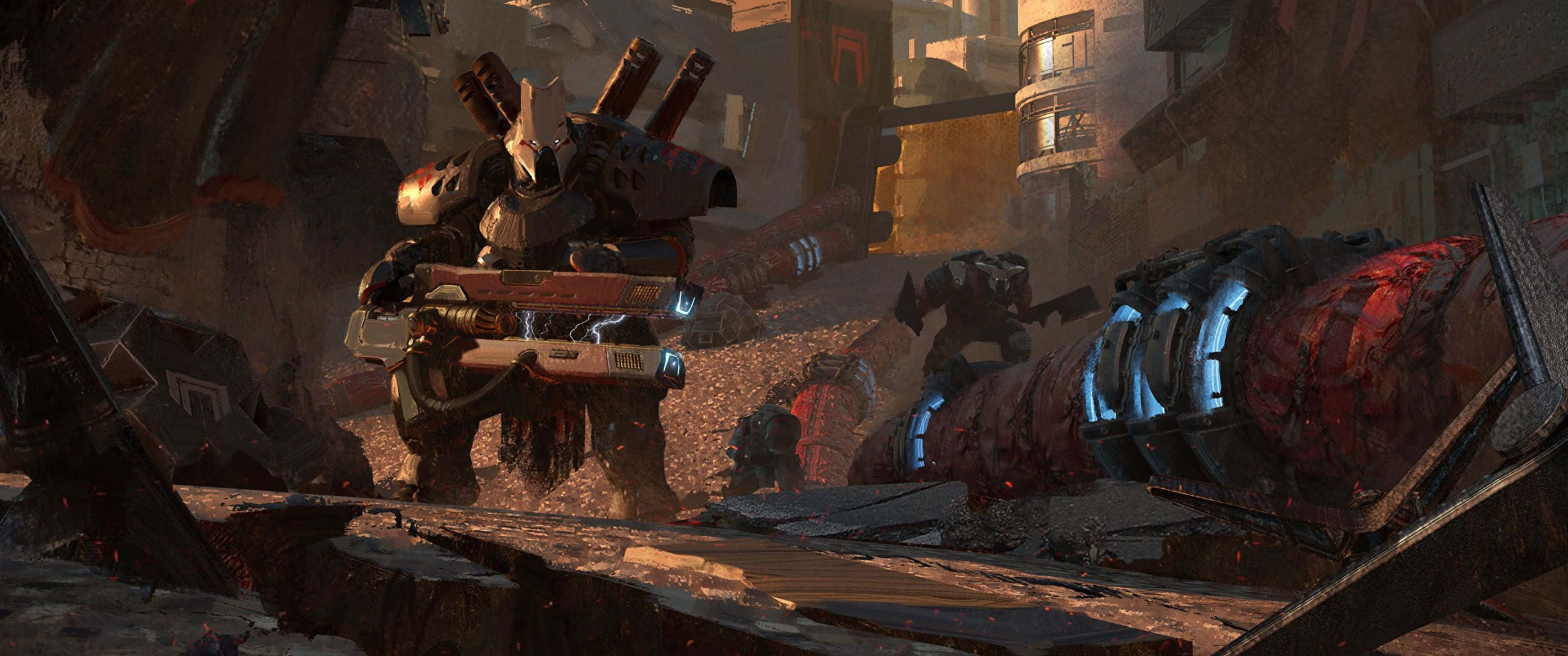 以 3440x1440p 解析度探索《Destiny 2》的世界 壁紙 — 一架重型裝甲機甲站在戰爭摧殘的未來城市景觀中，周圍是瓦礫，帶有發光的藍色點綴。