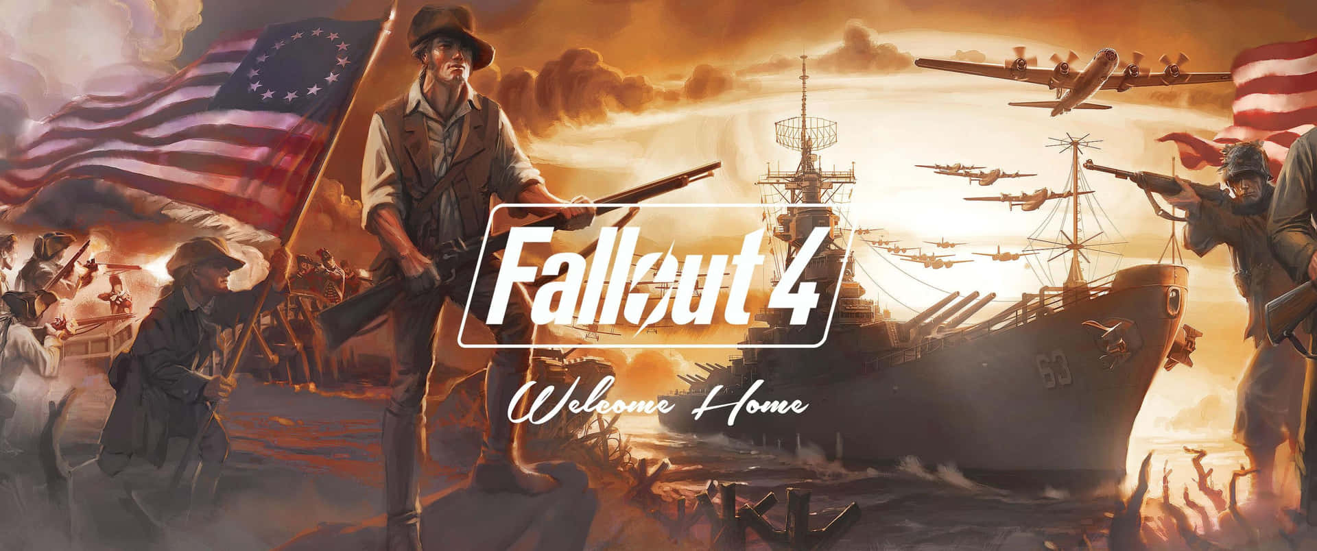 Fallout 4士兵在橙色天空下靠近船隻和飛機，手持旗幟和武器