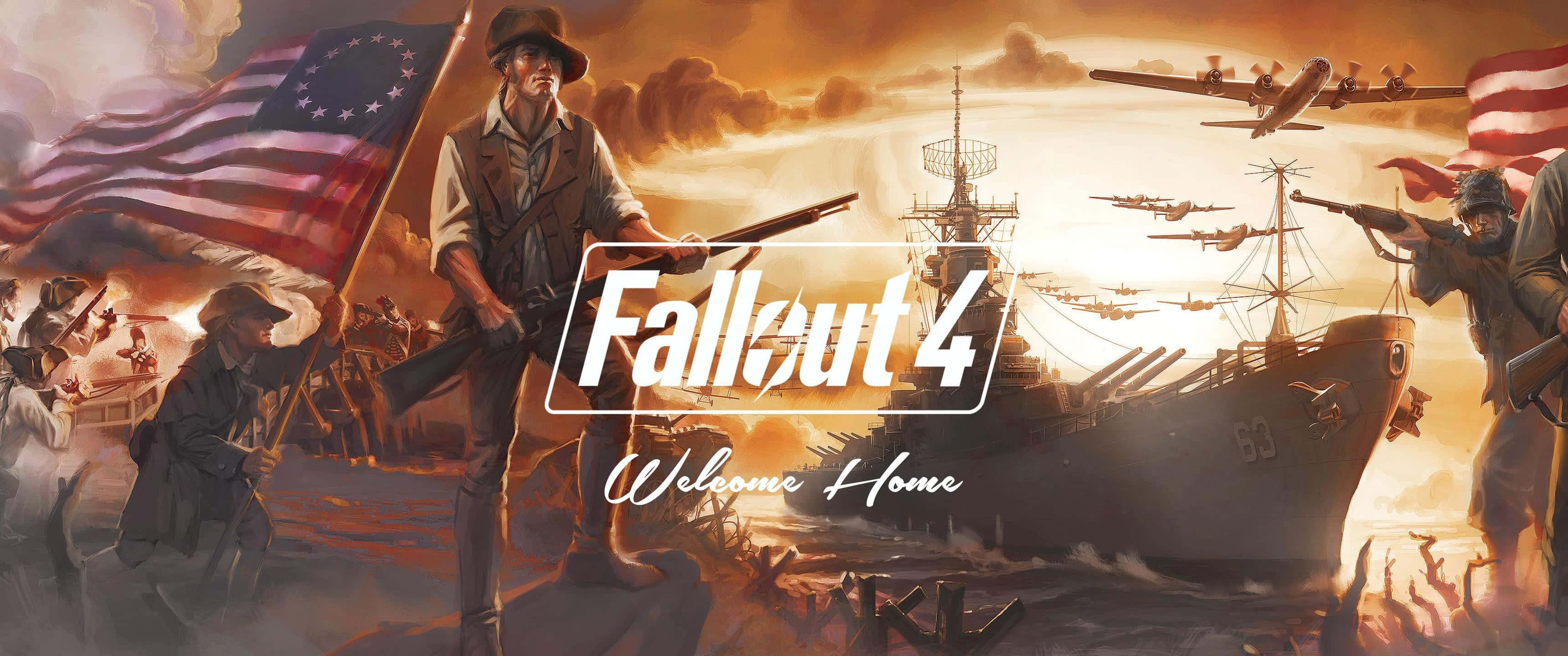 3440x1440p Fallout 4遊戲背景 壁紙 — 一張戲劇性的Fallout 4壁紙，展示士兵在戰火摧殘的海景中手持旗幟和武器，船隻和飛機在熾熱的橙色天空下。
