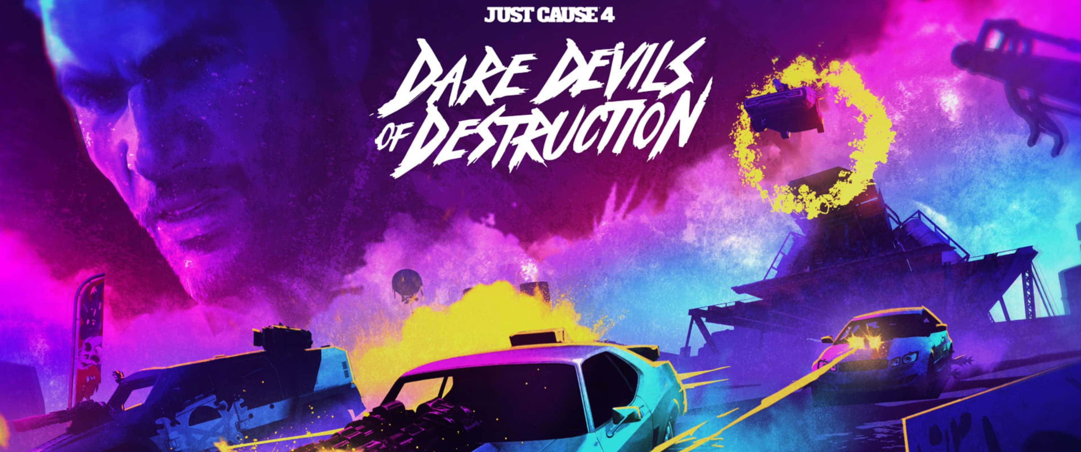 3440x1440p《Just Cause 4》毀滅特技隊背景 壁紙 — 充滿活力的霓虹燈遊戲海報，以紫色天空為背景，展示爆炸的汽車和一張巨大的臉，並配有粗體文字。