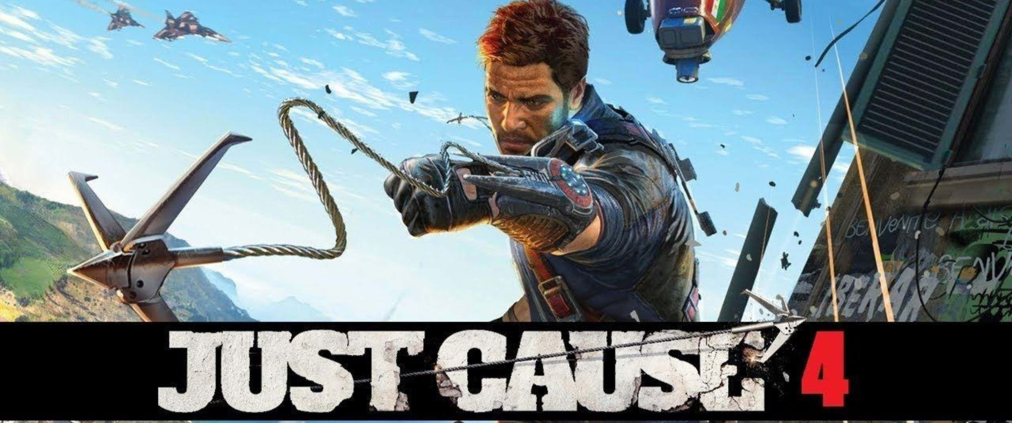 3440x1440p《Just Cause 4》官方遊戲海報背景 壁紙 — 一個粗獷的男人穿著戰術裝備，在飛行的車輛和碎片中發射抓鉤，背景是山脈。