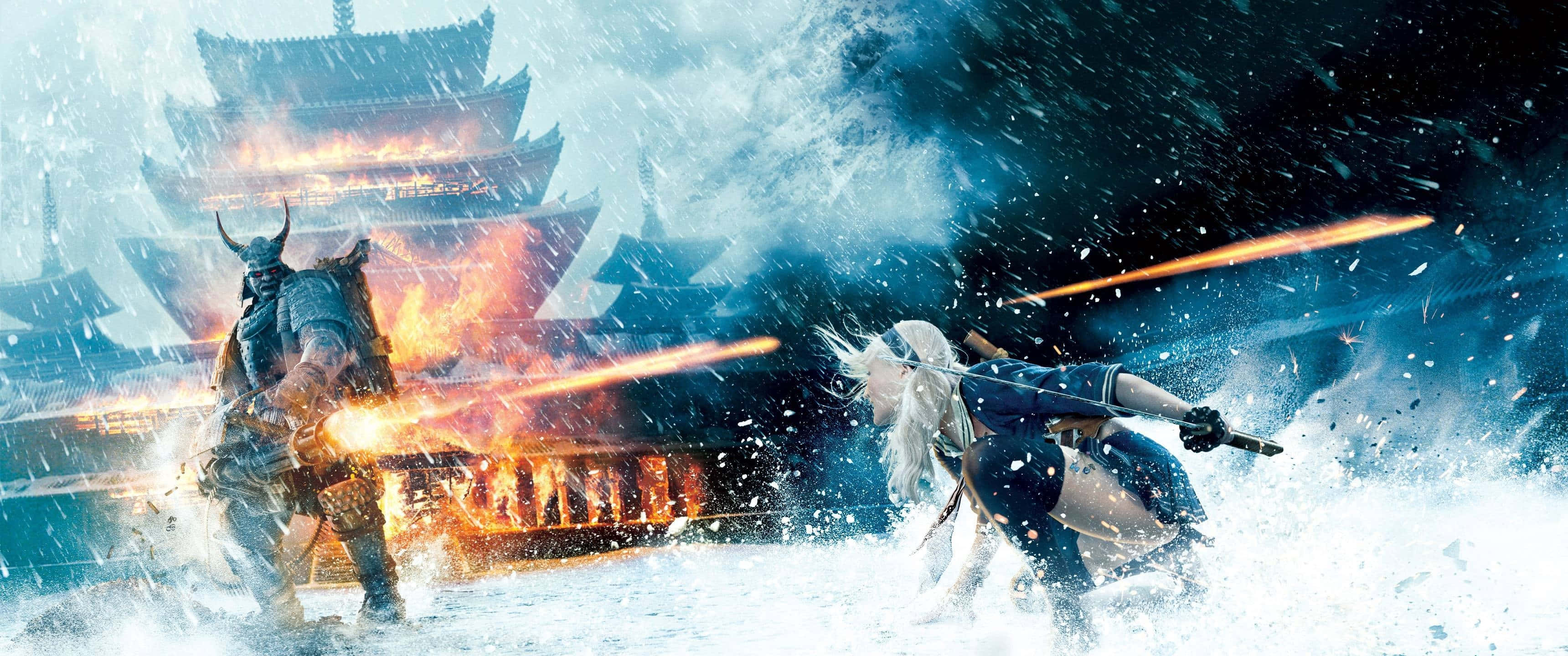 3440x1440p 《Sucker Punch》電影背景 壁紙 — 兩名戰士在暴風雪中交鋒，身後有一座燃燒的寶塔，能量刀刃劃破空氣。
