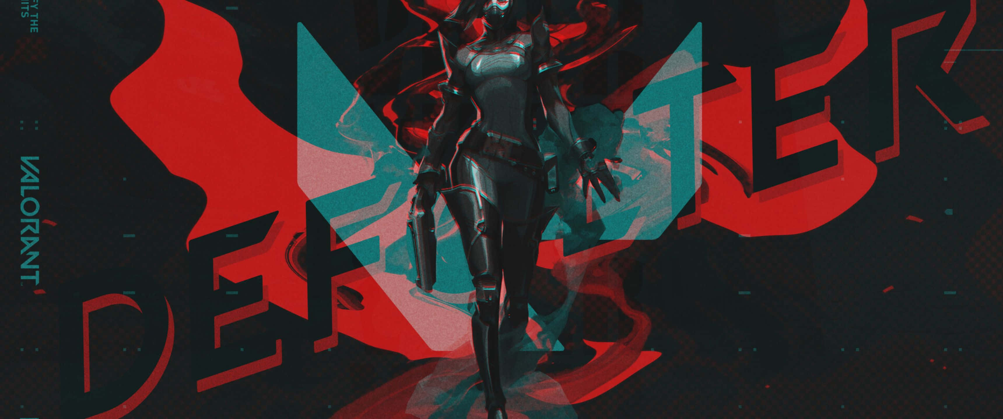 3440x1440p《Valorant》角色「Viper」海報背景 壁紙 — 一個風格化的女性特務穿著黑色戰術裝備，自信地站在一個大膽的紅色和藍綠色圖形背景前，背景上有大寫字母 'DEFENDER'。