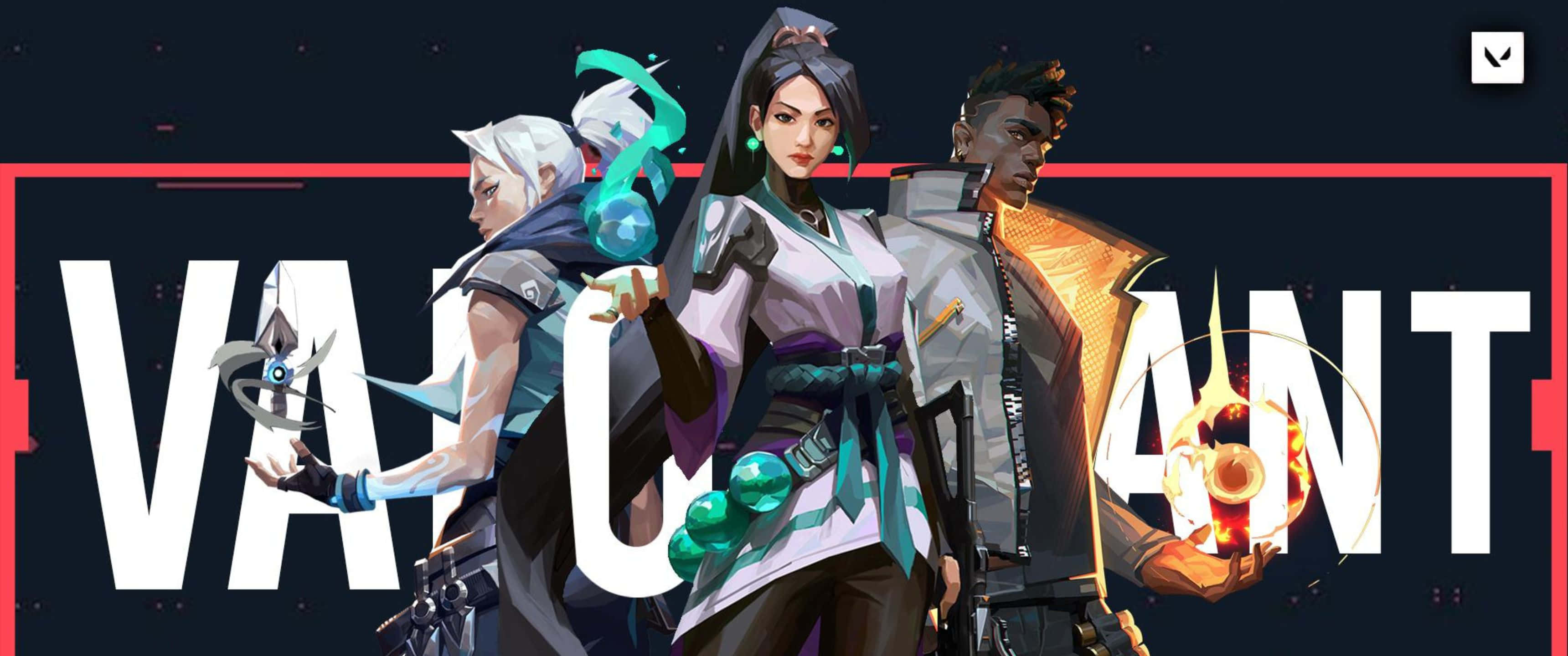 3440x1440p《Valorant》角色「Jett、Sage、Phoenix」背景 壁紙 — 三位風格化的Valorant特工自信地站在深色背景前，搭配粗體的紅色和白色字樣。