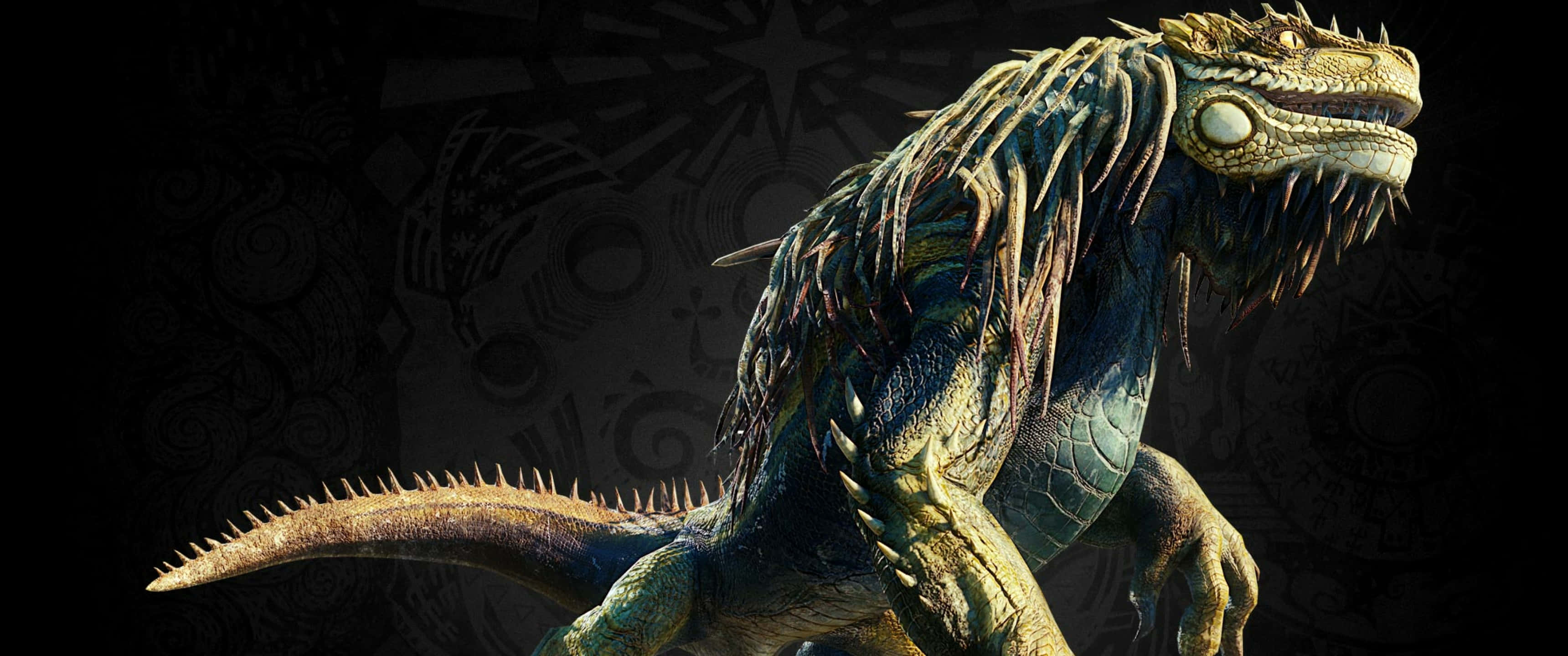 《怪物獵人：世界》中大角龍的 3440x1440p 背景圖 壁紙 — 一隻帶有尖刺鱗片和發光眼睛的威脅性幻想爬行動物，站在深色圖案背景前。
