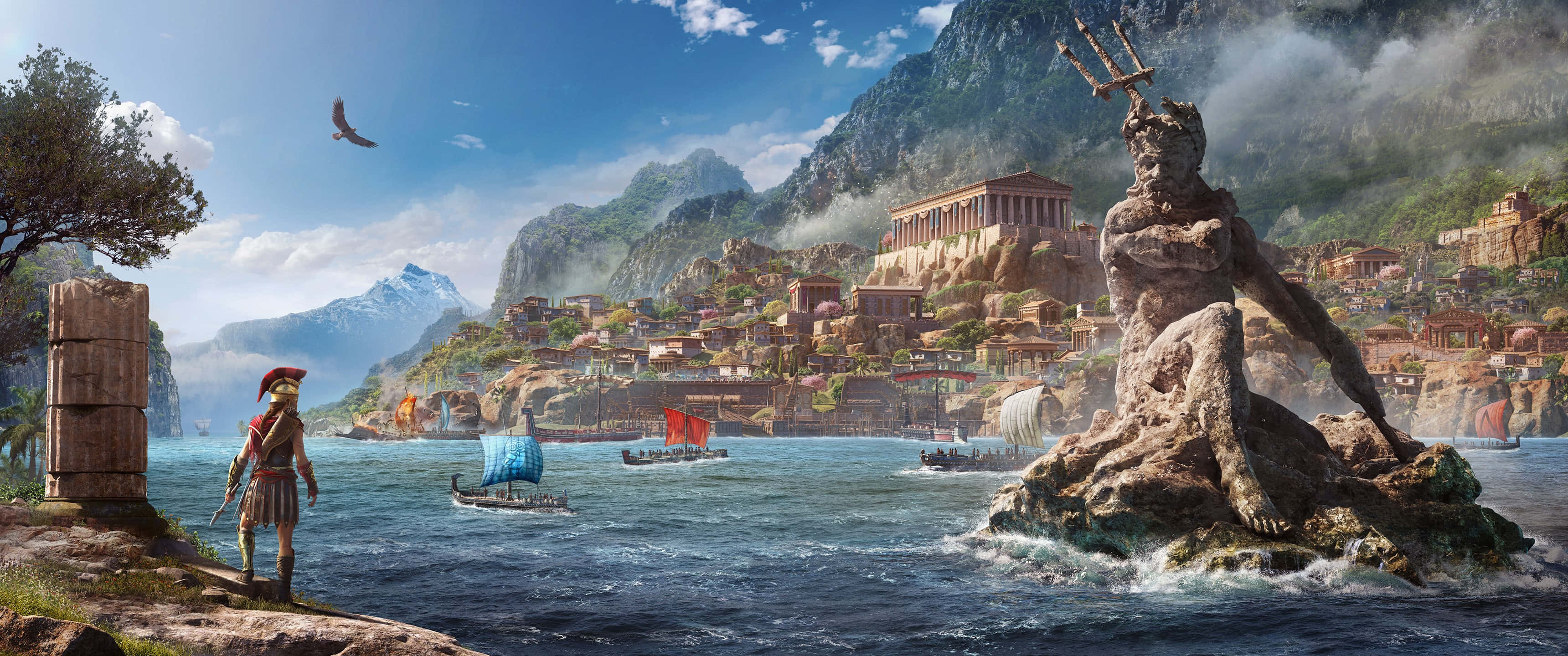 3440x1440p 刺客信條：奧德賽 背景刺客凝視波塞冬雕像 壁紙 — 一位孤獨的冒險家站在懸崖上，俯瞰著一座繁華的古希臘沿海城市，海面上聳立著一座巨大的波塞冬雕像。