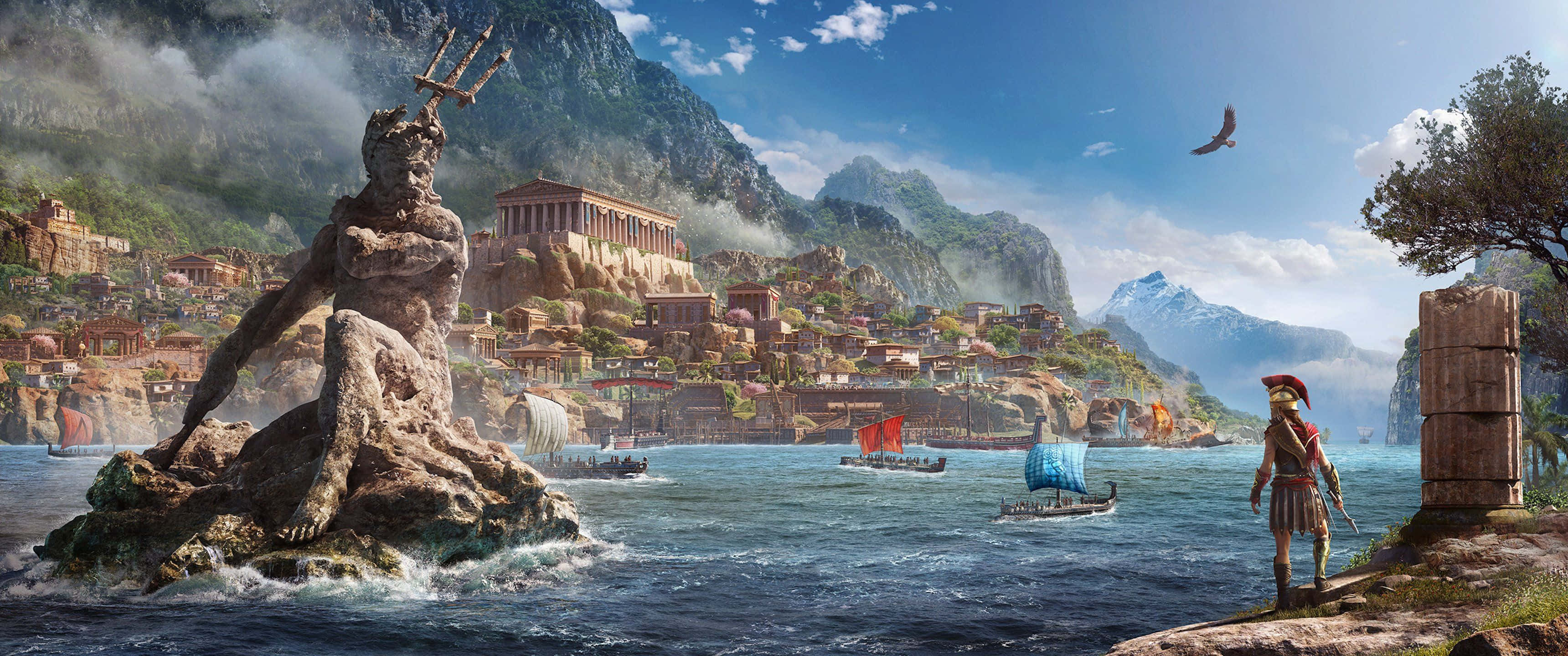 3440x1440p 刺客信條：奧德賽 背景波塞冬雕像 壁紙 — 一名戰士站在懸崖上，俯瞰一座希臘沿海城市，城市中有巨大的海神雕像和坐落在群山中的古老神廟。