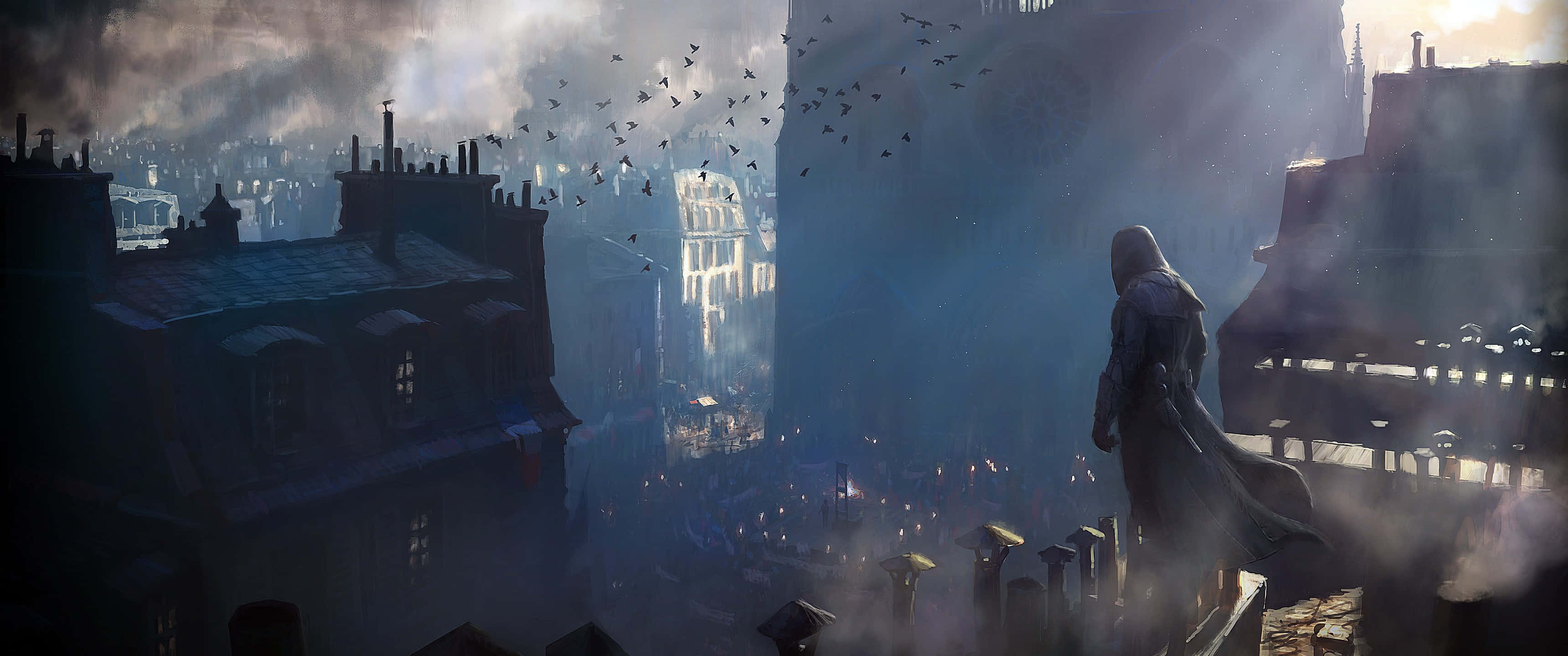 3440x1440p《刺客信條：奧德賽》背景 - 刺客俯瞰城市 壁紙 — 一個戴著兜帽的身影站在屋頂上，俯瞰著霧氣瀰漫的哥德式城市景觀，鳥兒在陽光中飛翔。
