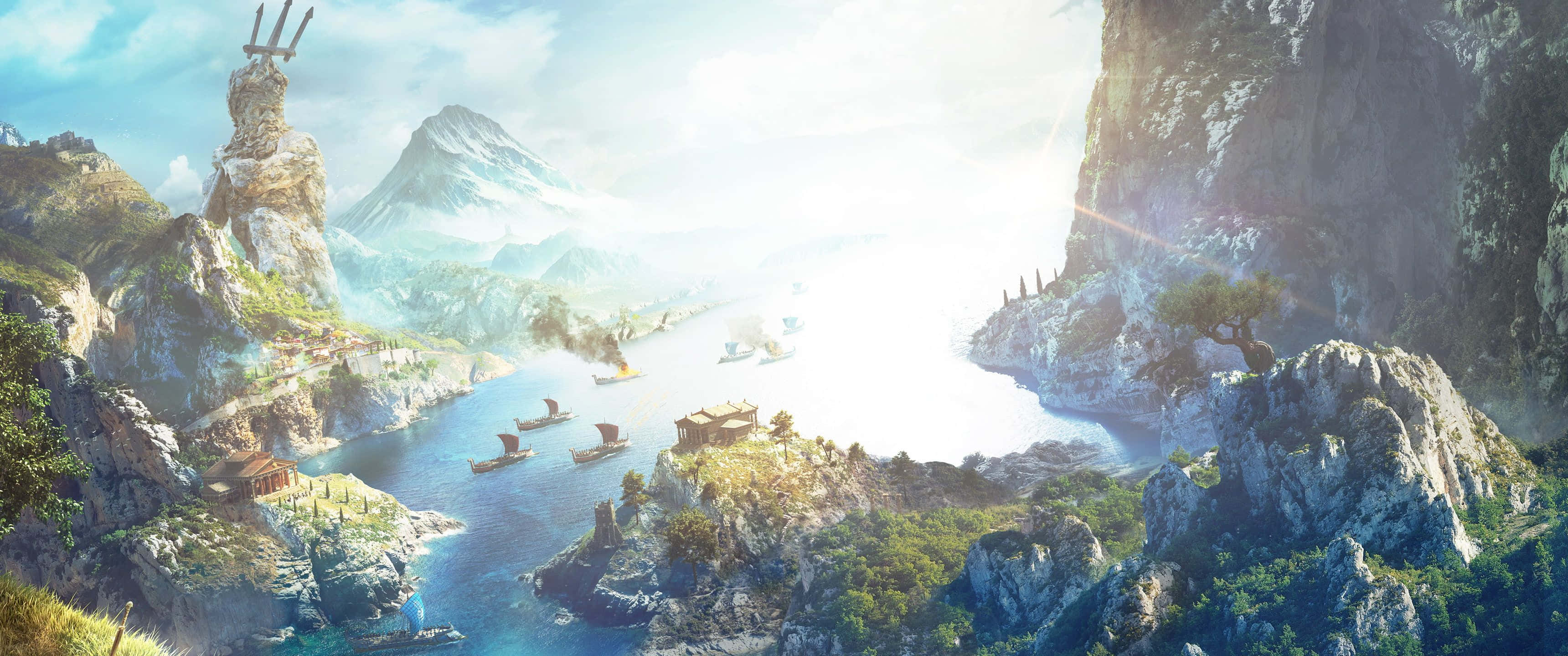 3440x1440p 刺客信條：奧德賽 背景古希臘島嶼 壁紙 — 一個陽光普照的奇幻山谷，蜿蜒的河流兩旁是高聳的懸崖和古老的遺跡。